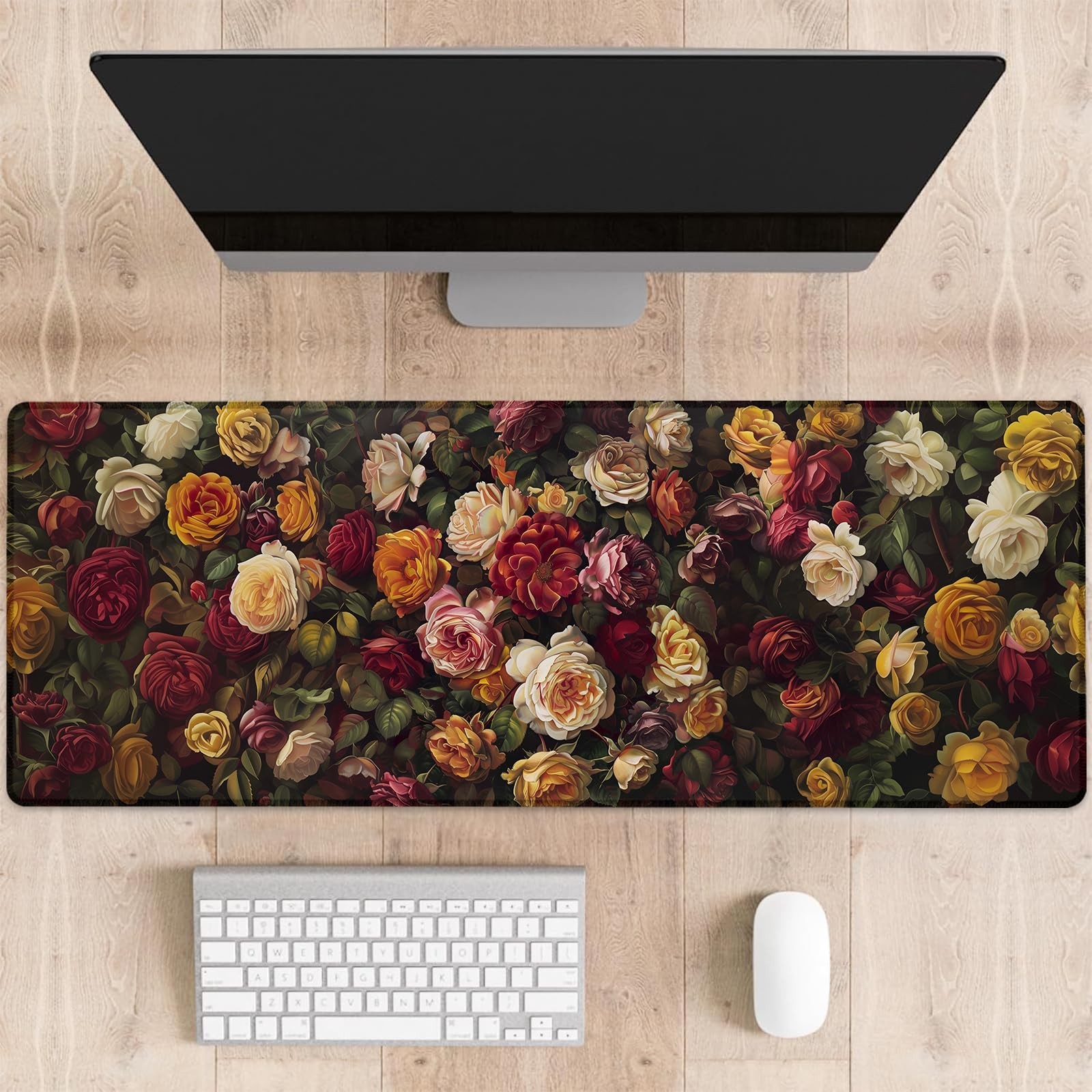 Vintage Rose Gaming Mouse Pad, Elegant Colorful Floral Garden Large Desk Mat ...