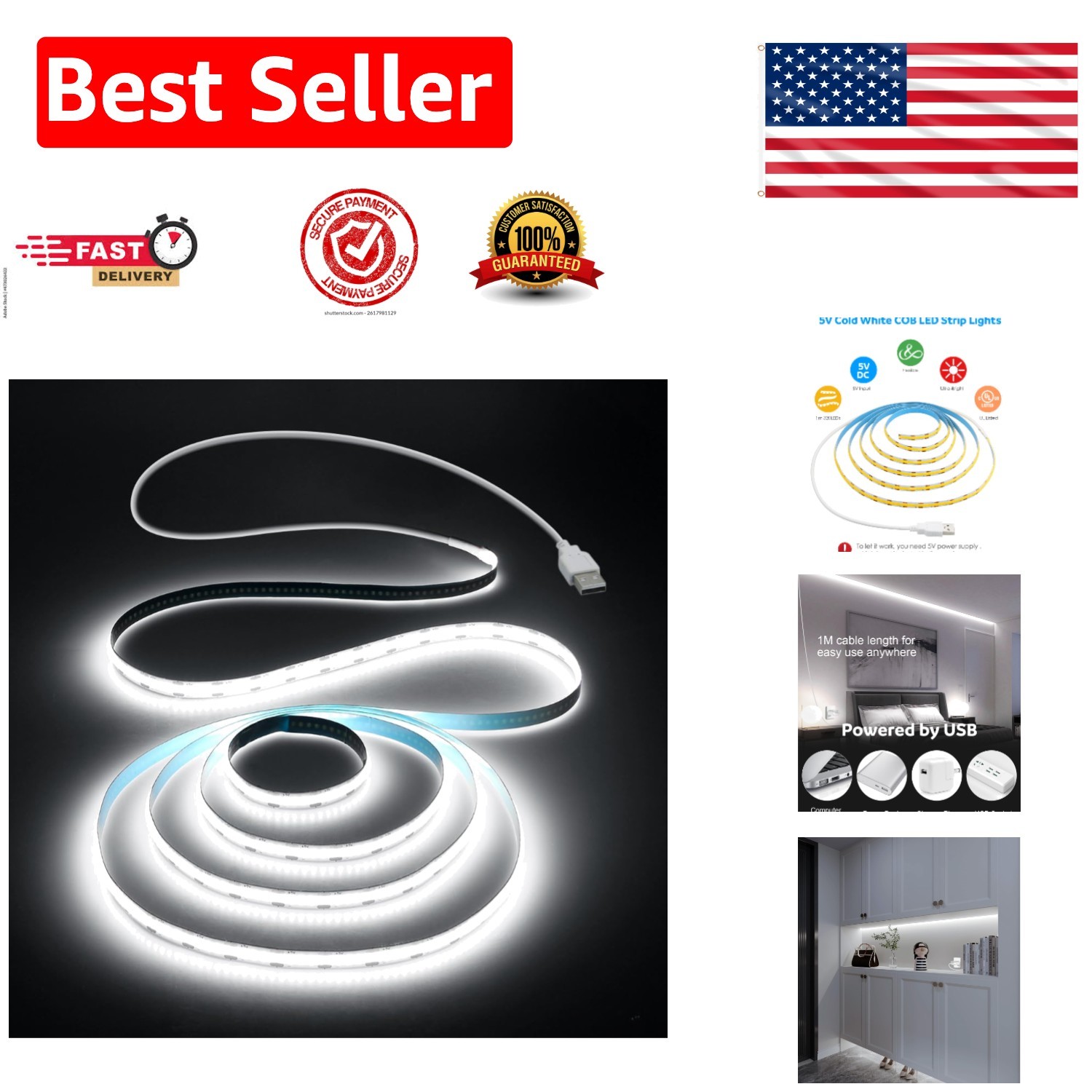 Super Bright 3.28FT USB LED Strip Lights - 320 LEDs Cold White for Versatile Use