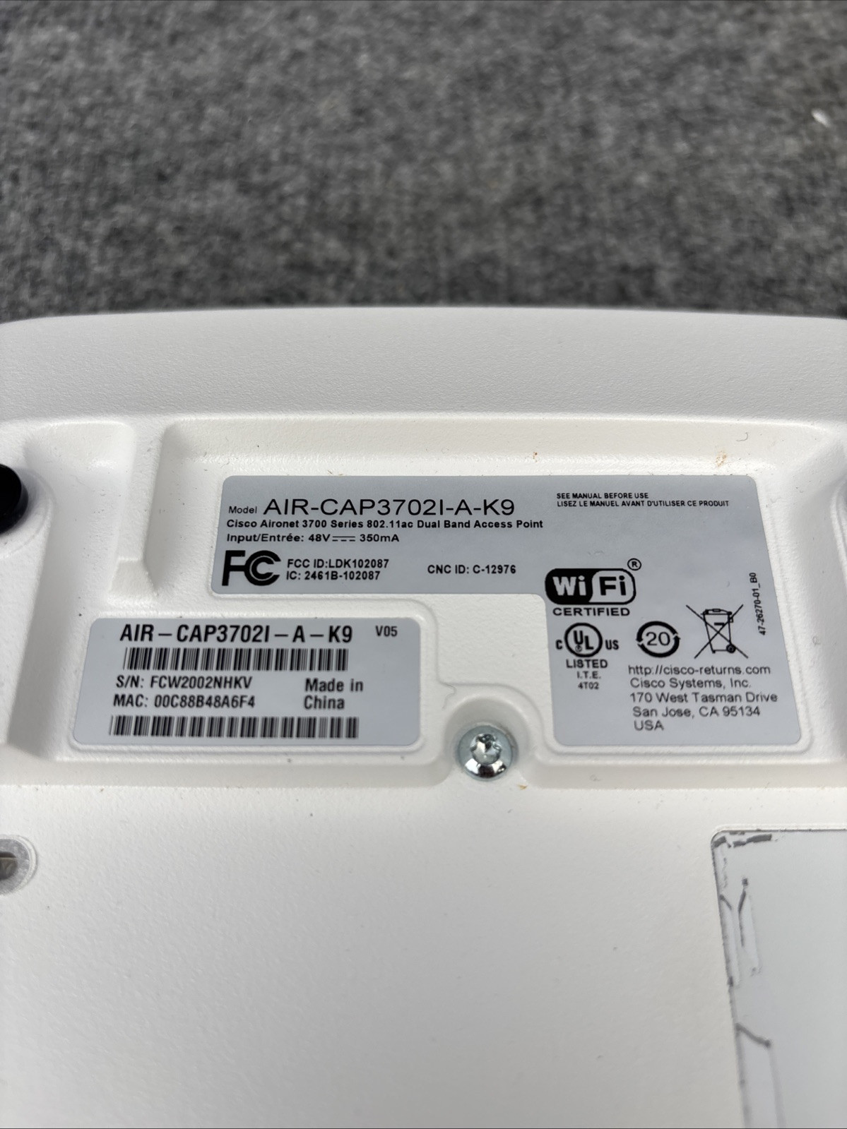 Cisco Aironet 3702i AIR-CAP3702I-A-K9 1300Mbps Wireless Access Point White Used