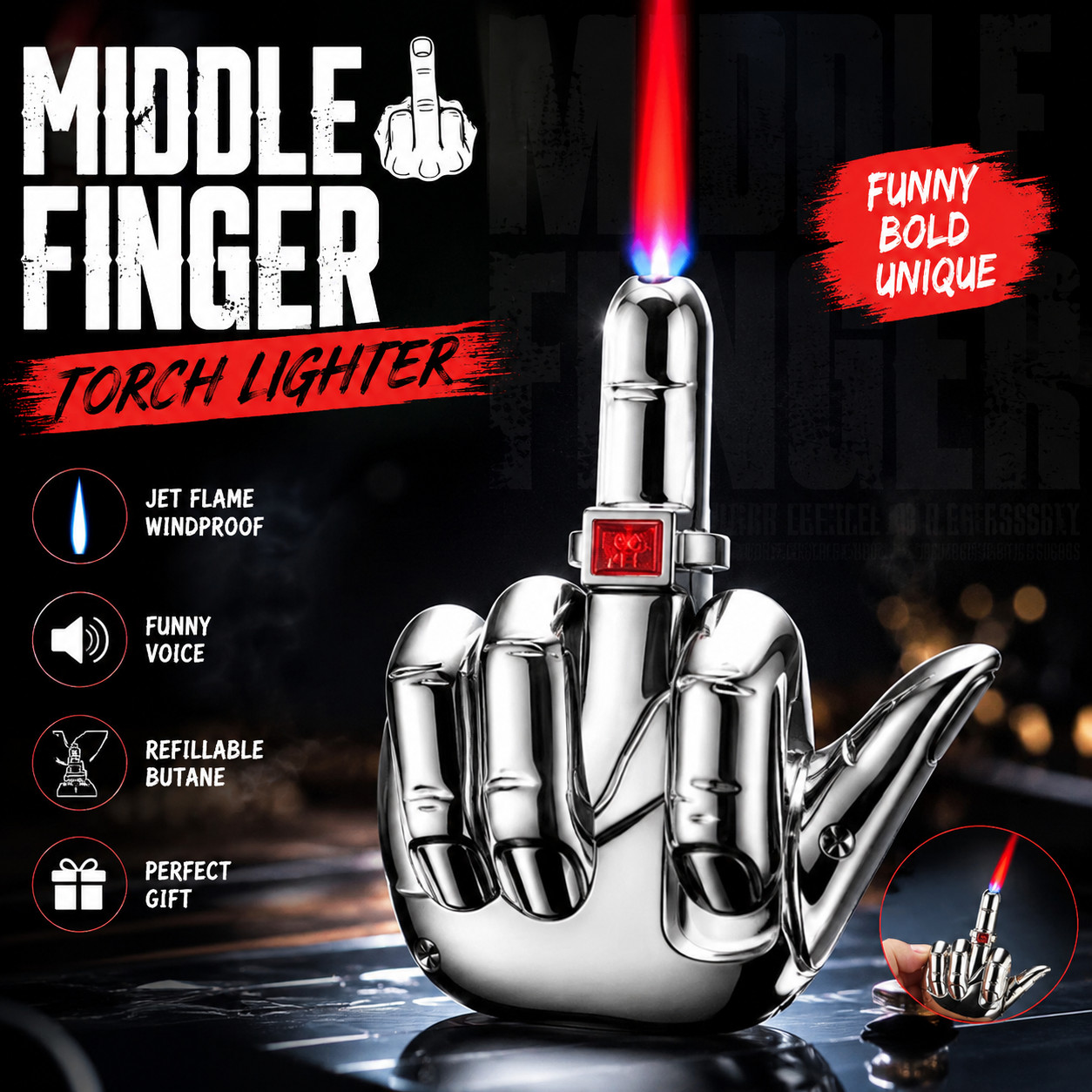 Funny Middle Finger Torch Lighter Windproof Refillable Butane Novelty Gift Men🔥