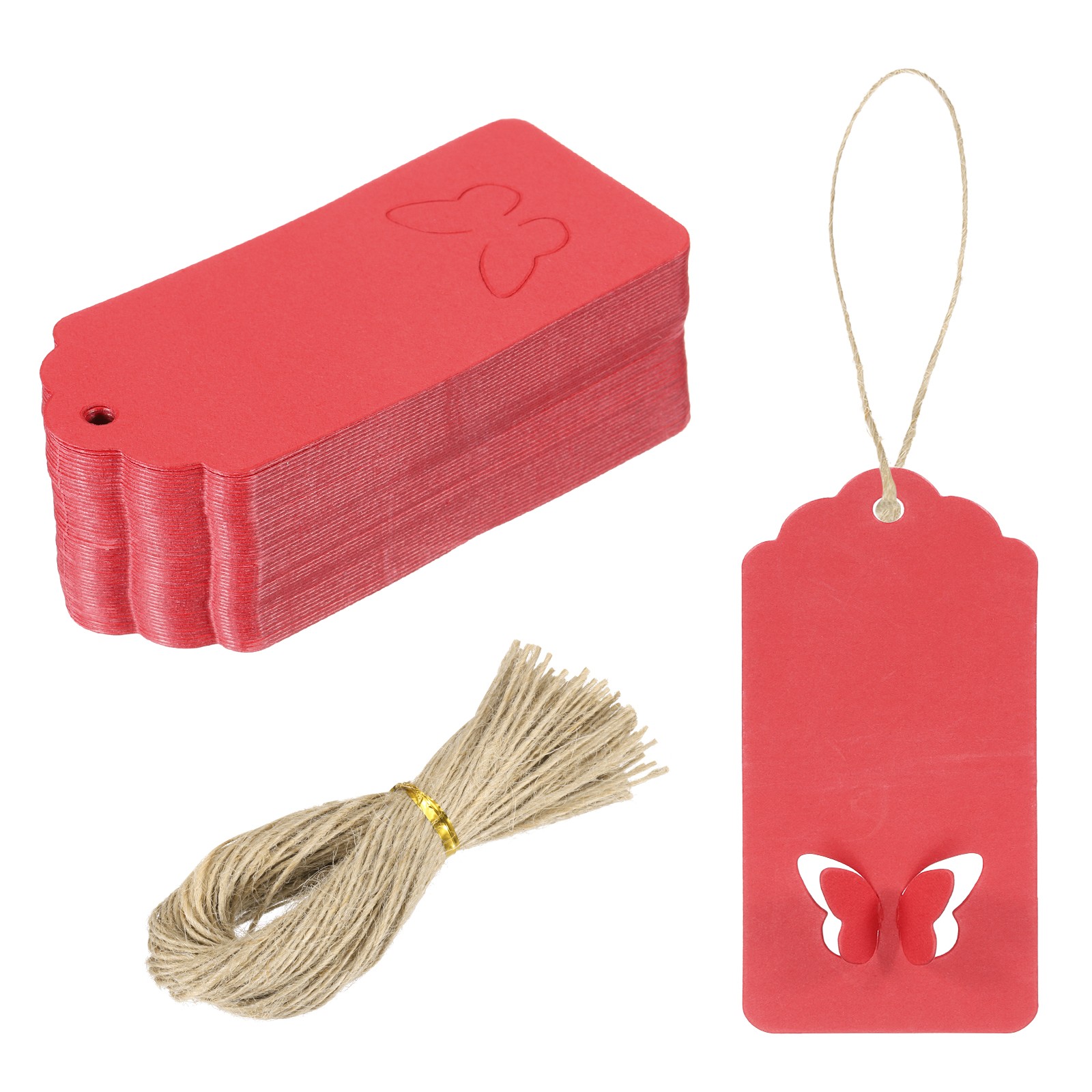 100Pcs Kraft Paper Gift Tags String 3.5 x 1.6 Inch Wave Shape Bright Red