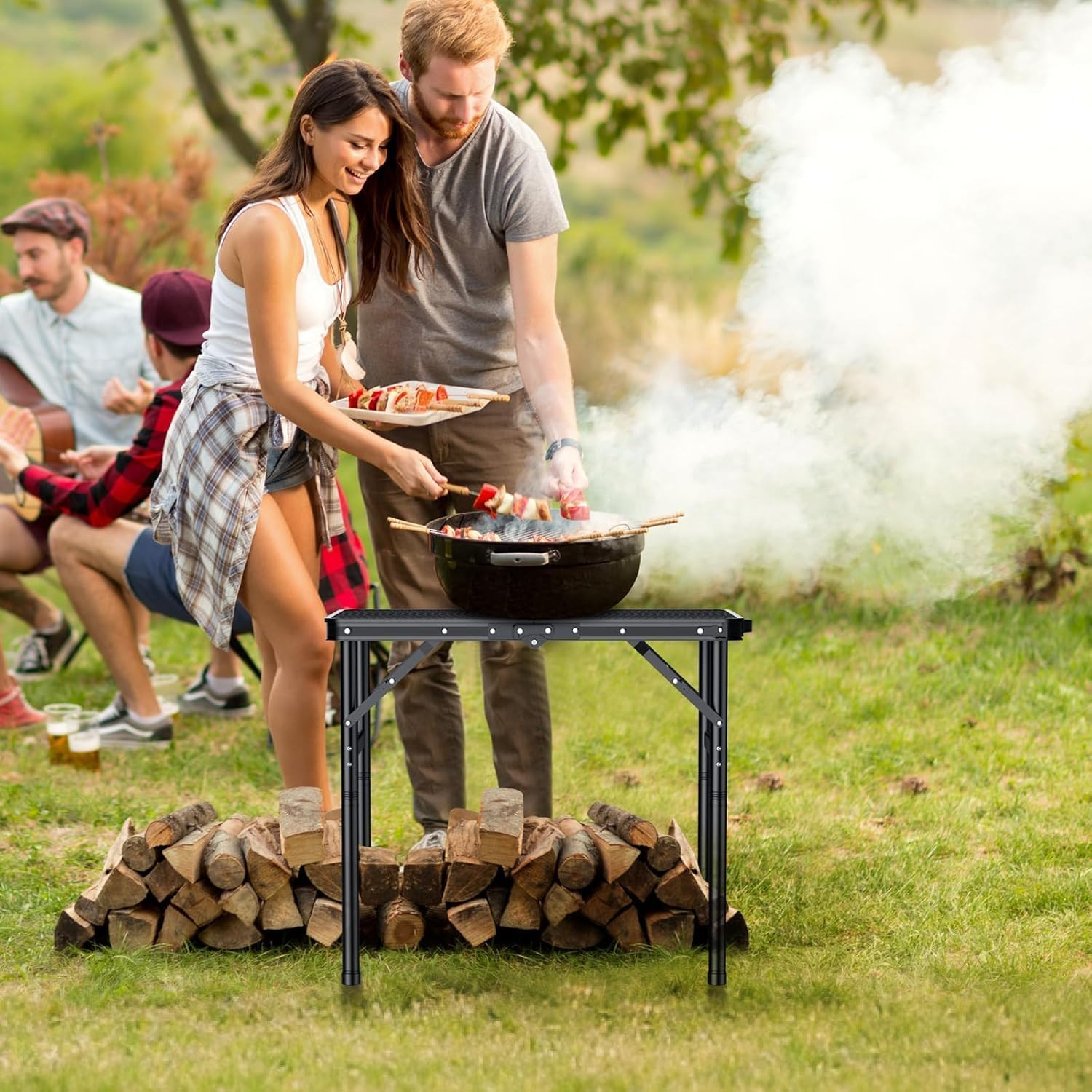 2Ft Portable Folding Grill Table with 3 Adjustable Heights