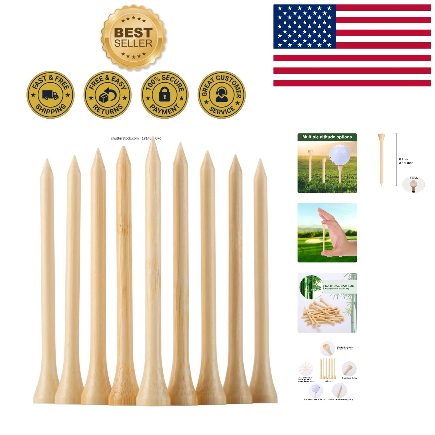 Biodegradable Bamboo Golf Tees 100 Pack – 3-1/4" Reduce Friction & Side Spin
