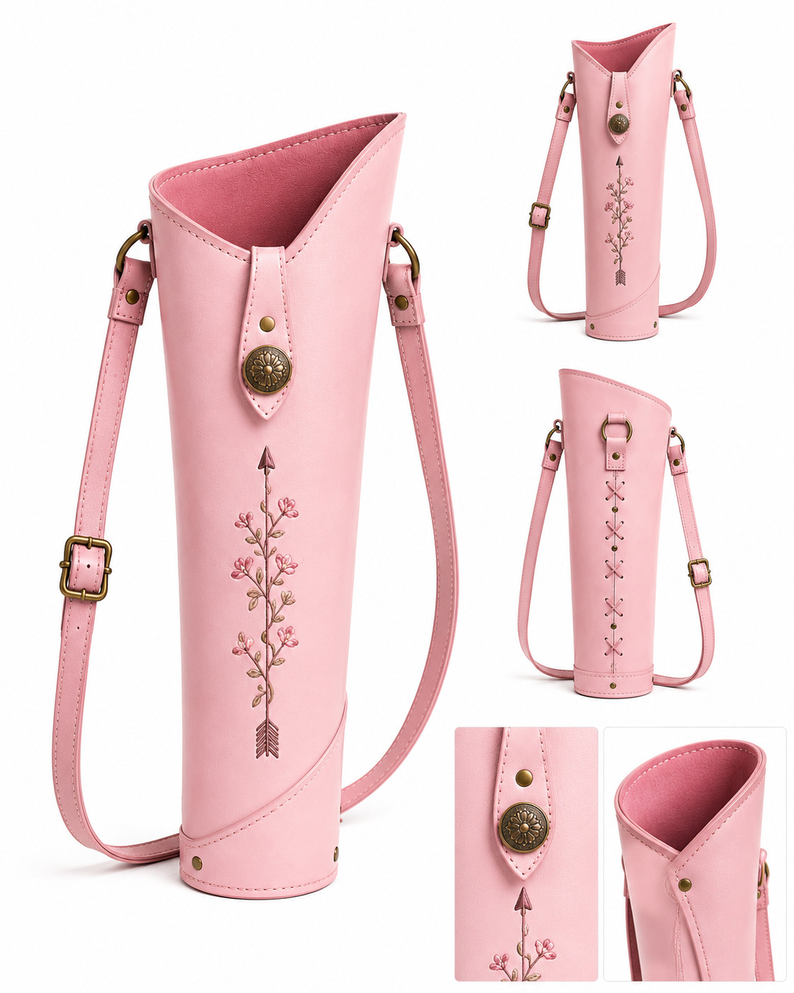 Pink Leather Archery Quiver –Handmade Arrow Embroidery Hunting Quiver Adjustable