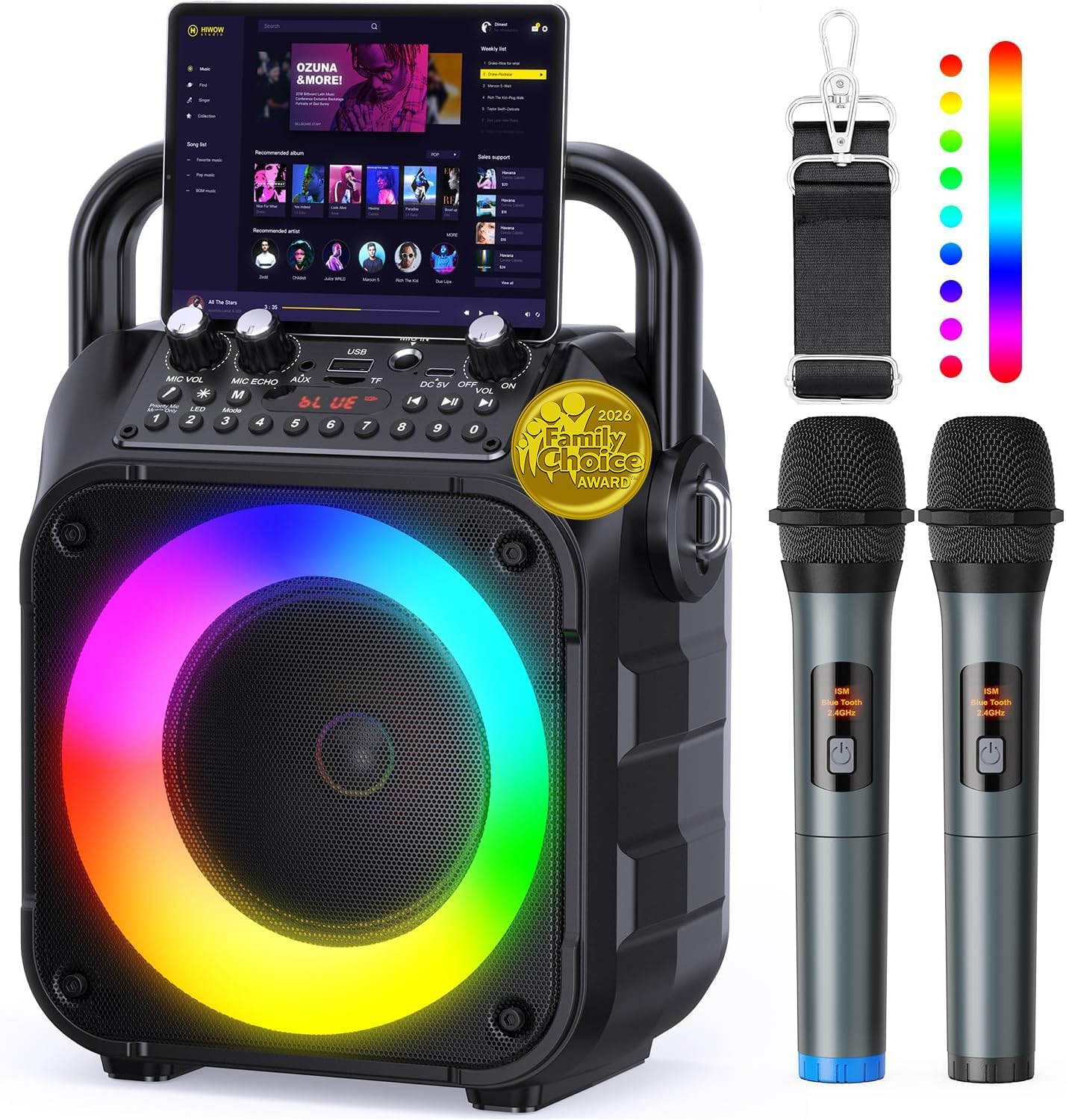 Karaoke Machine, Portable Bluetooth Speaker with 2 Wireless Mics for Adults & Ki