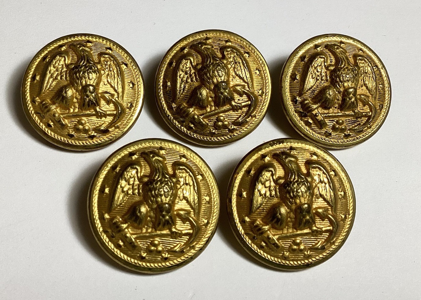 VTG Waterbury Button Co. Brass Eagle Coat Buttons X 5 Military 7/8” Anchor Stars