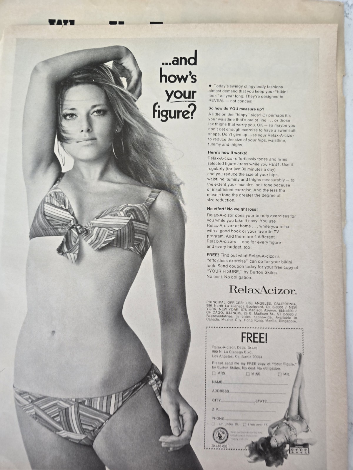 1970 RelaxAcizor Pretty blonde bikini hoop earrings vintage fitness ad