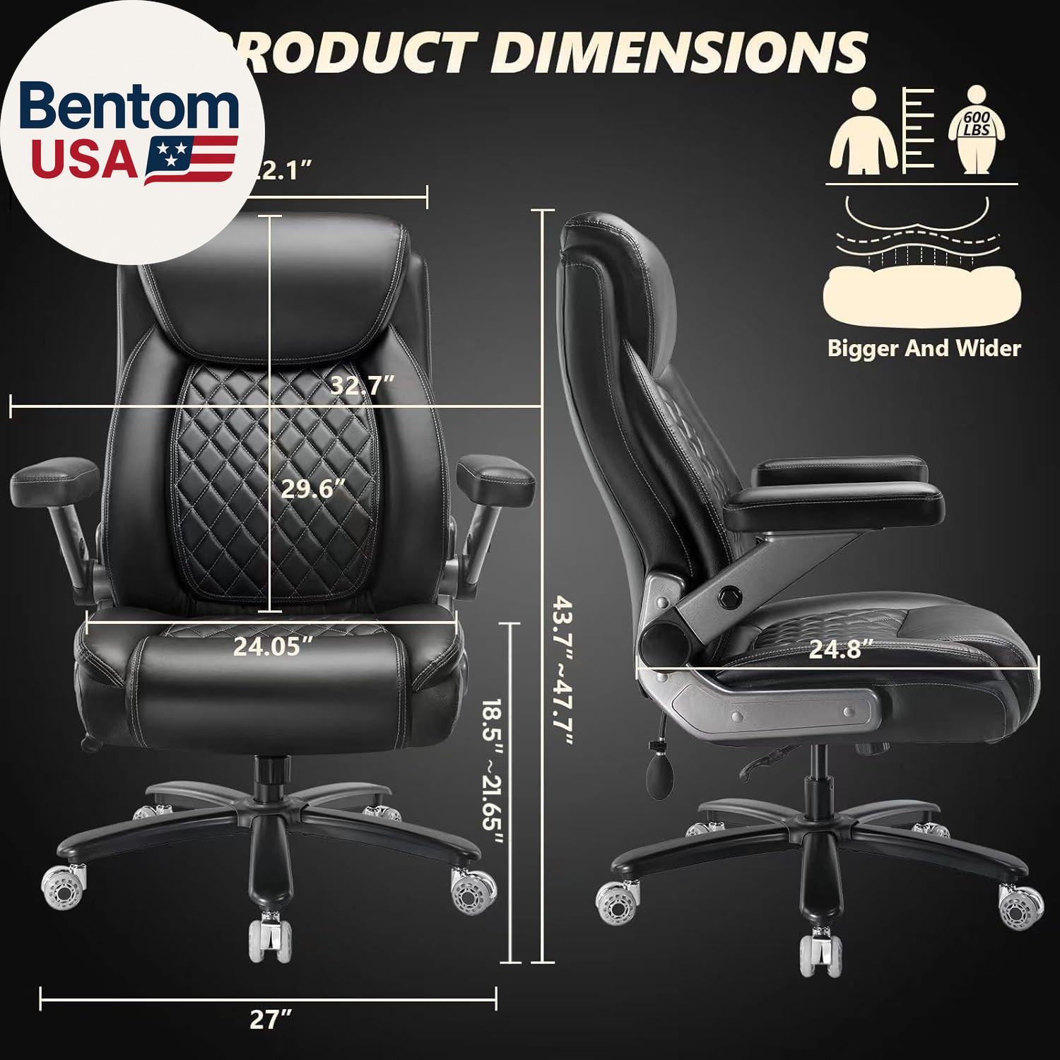 600LBS Large Heavy Duty Office Chair with 5D Flip Arms,Comfy Big and Tall Execut