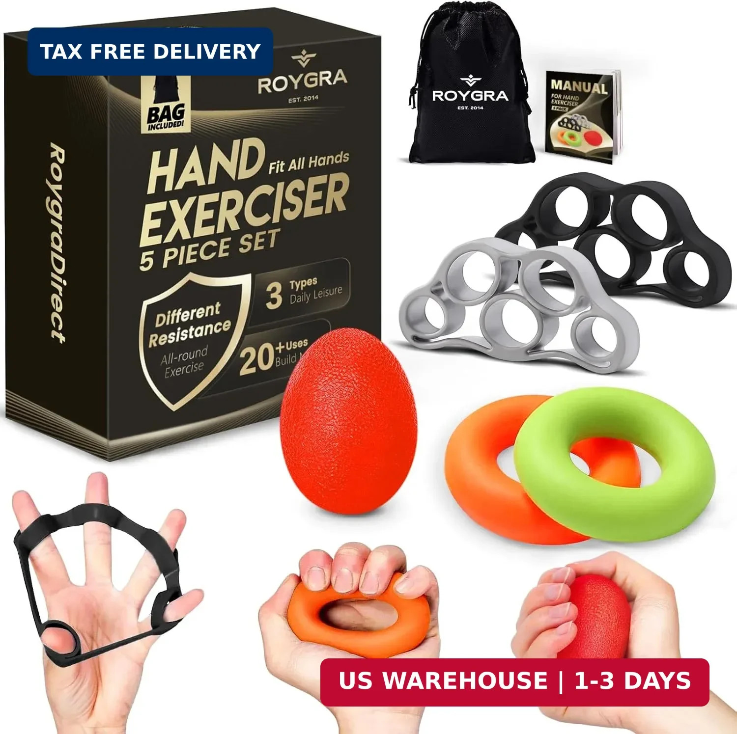 roygra Grip Strength Trainer (5 Pack), Forearm Strengthener, Stress Balls for Ad