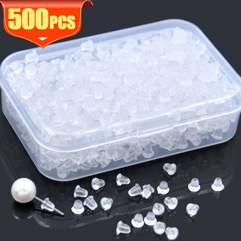 500pcs with Box Soft Rubber Ear Plugs Transparent Earring Back Stopper Studs