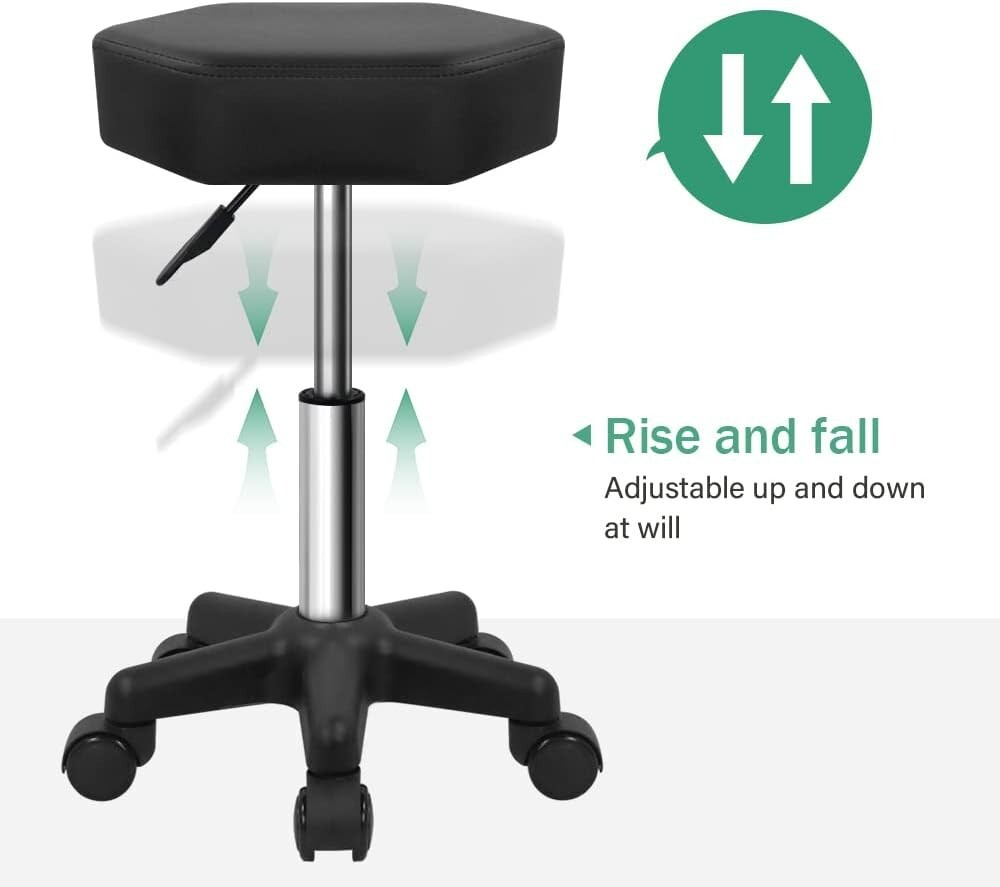 Height Adjustable Hexagon Rolling Stool for Spa & Salon - Modern Black Design