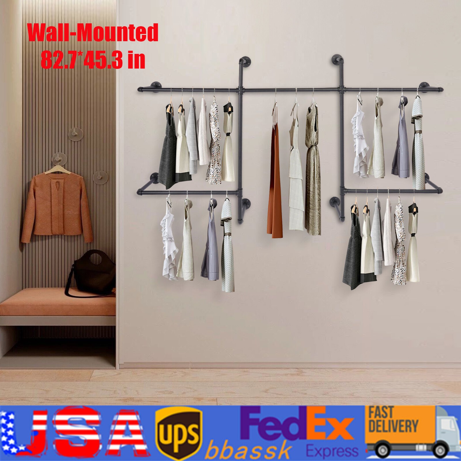 Industrial Pipe Clothes Rack Wall Garment Closet Storage Rack Hanging Rail Black