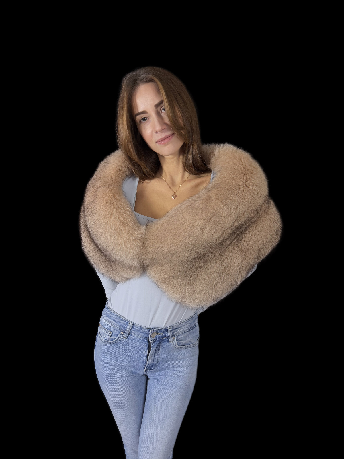Fox Fur Shawl 47" (120cm) Saga Furs Stole Beige Fur Scarf Extra Wide Fur Wrap
