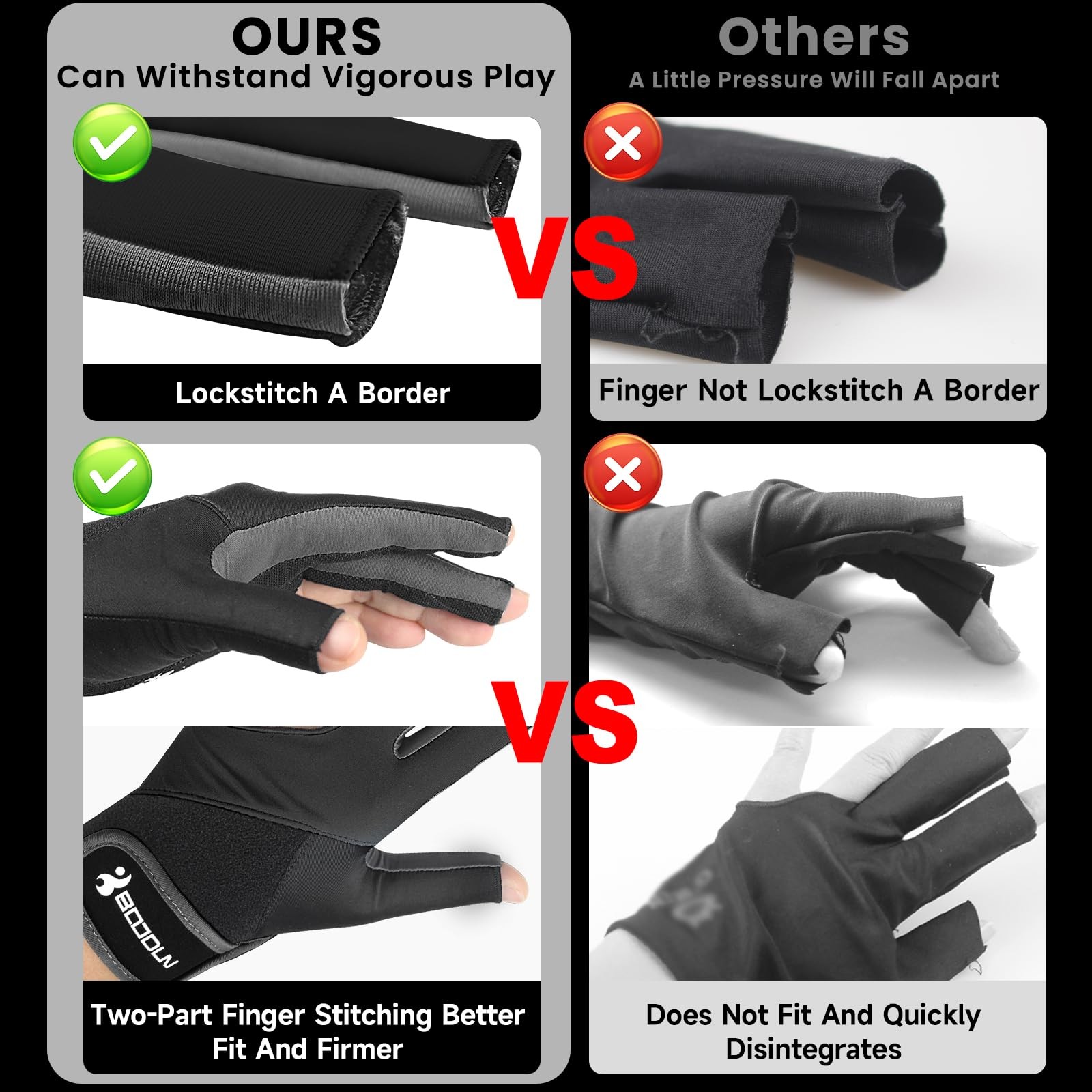 Billiard Pool Gloves for Left Hand 3 Finger, Splicing Process, Snooker Cue Sp...