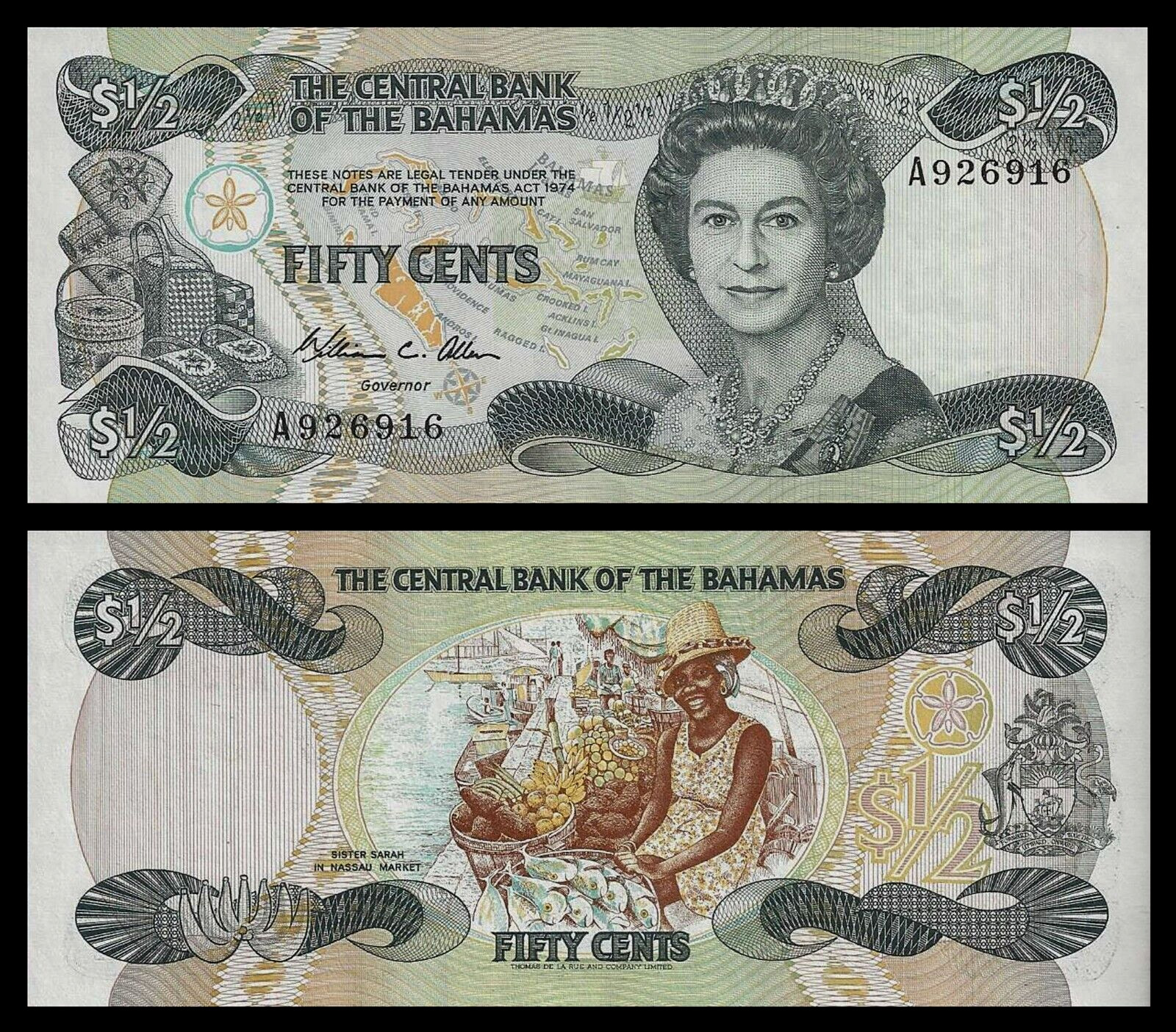 Bahamas, Queen Elizabeth II L. 1974 (1984)  1/2 Dollar UNC P-42