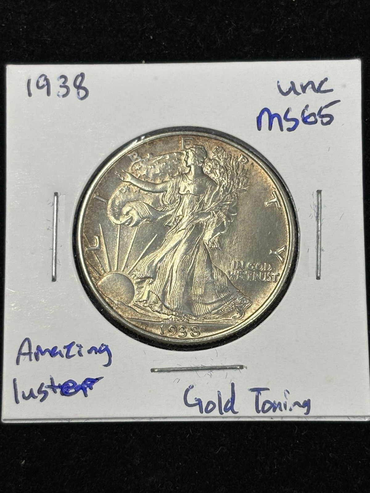 1938 Walking Liberty Half Dollar 50C UNC GEM 💎 Amazing Gold Toning, mint Luster
