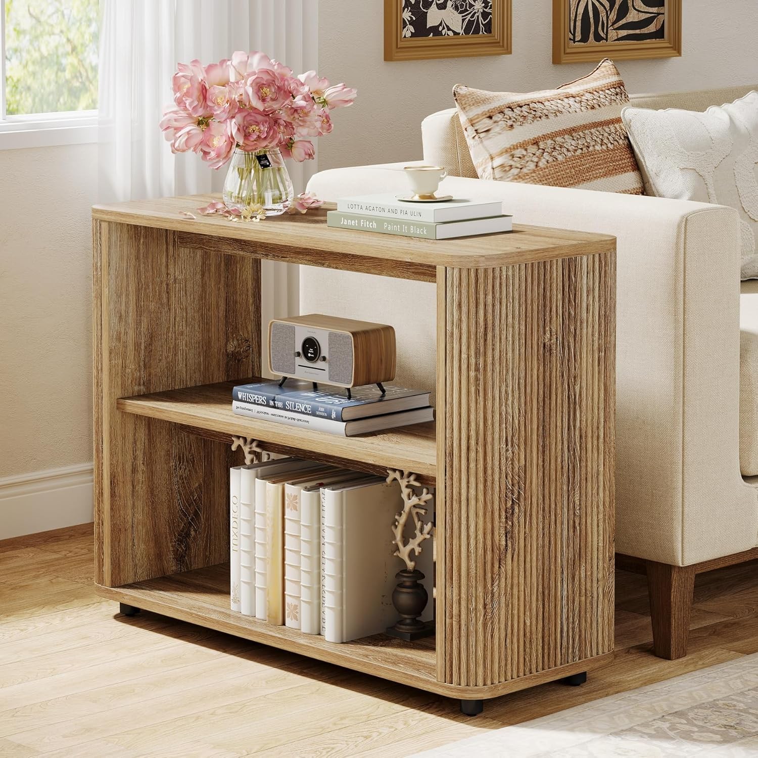 3-Tier End Table for Living Room,  Fluted Narrow Side Table with Storage Shelves