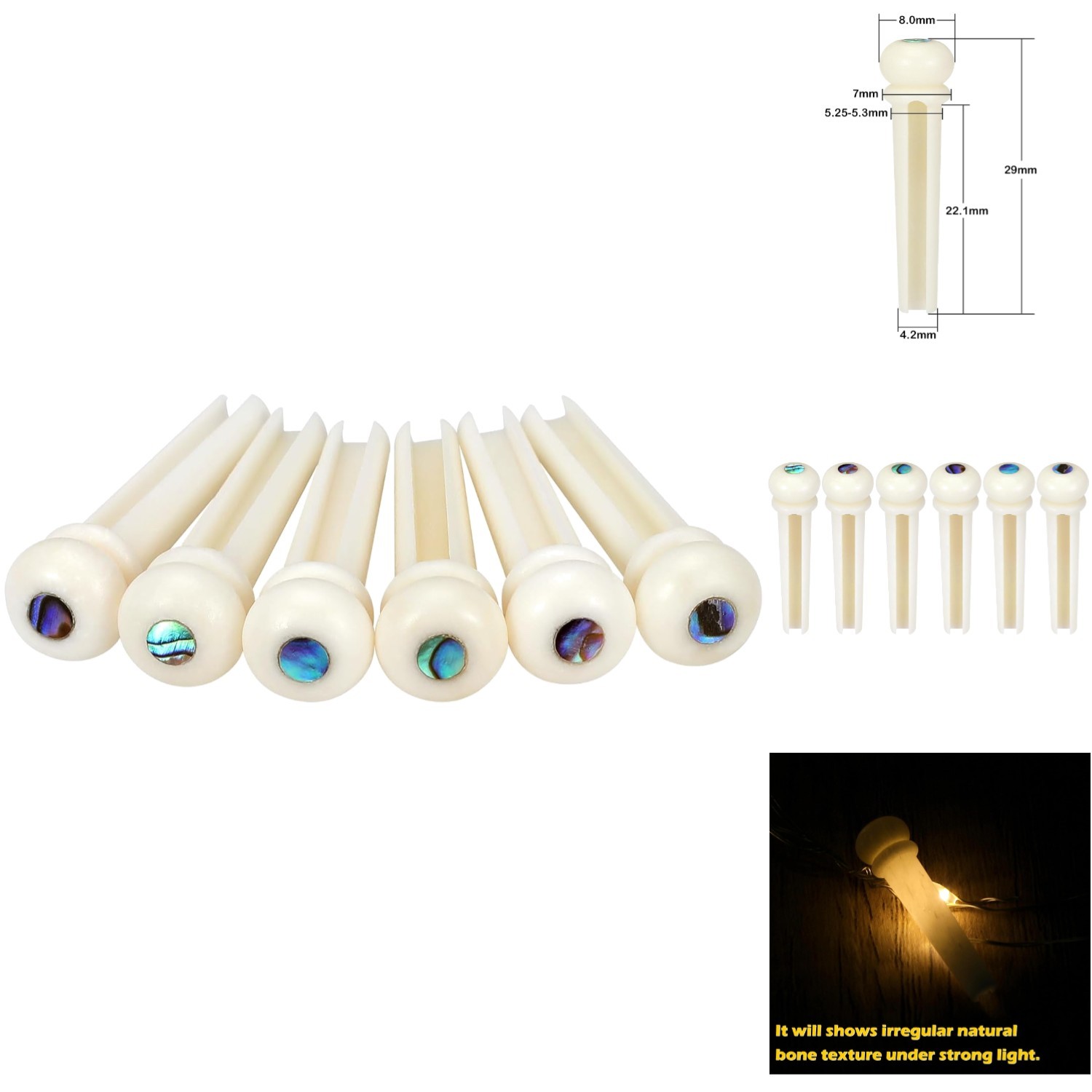 6pcs Guitar Bone Bridge Pins with Green Abalone Dot—Acoustic Quality