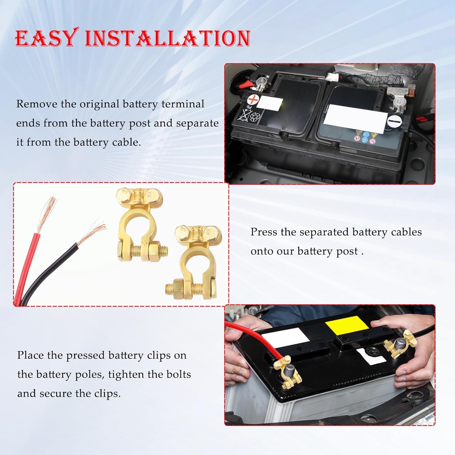 2PCS Positive & Negative Battery Terminal Connectors,Brass Cable...