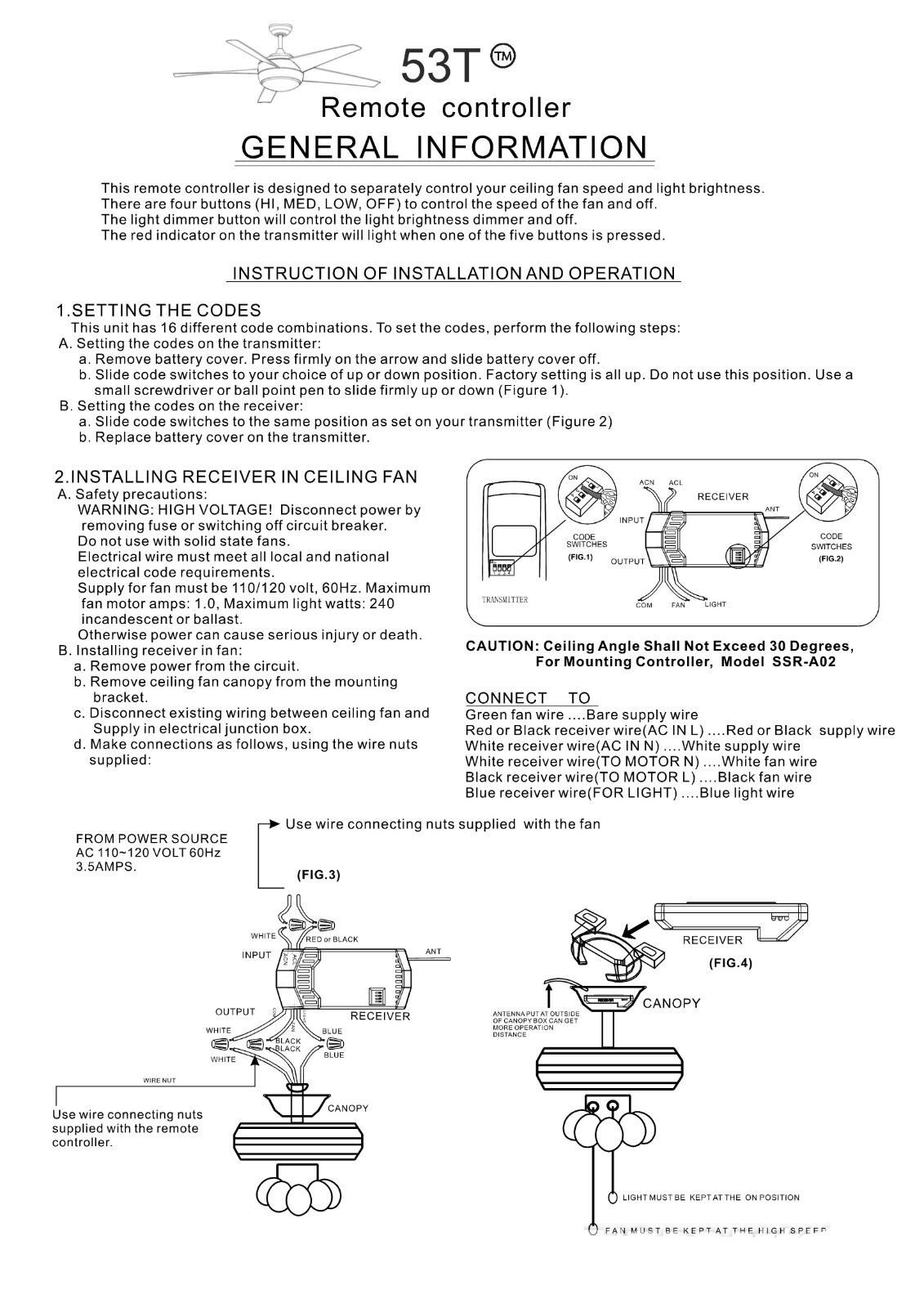 Ceiling Fan Remote Control Replacement for Harbor Breeze Hampton 3 Speed Dimmer
