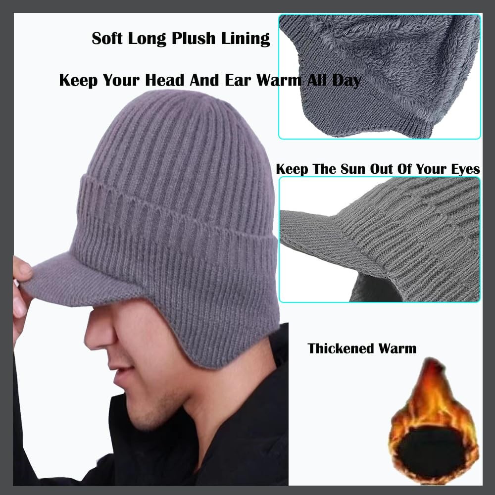 JHDESSLY Knit Beanies with Visor & Earflaps for Men and One Size, Black