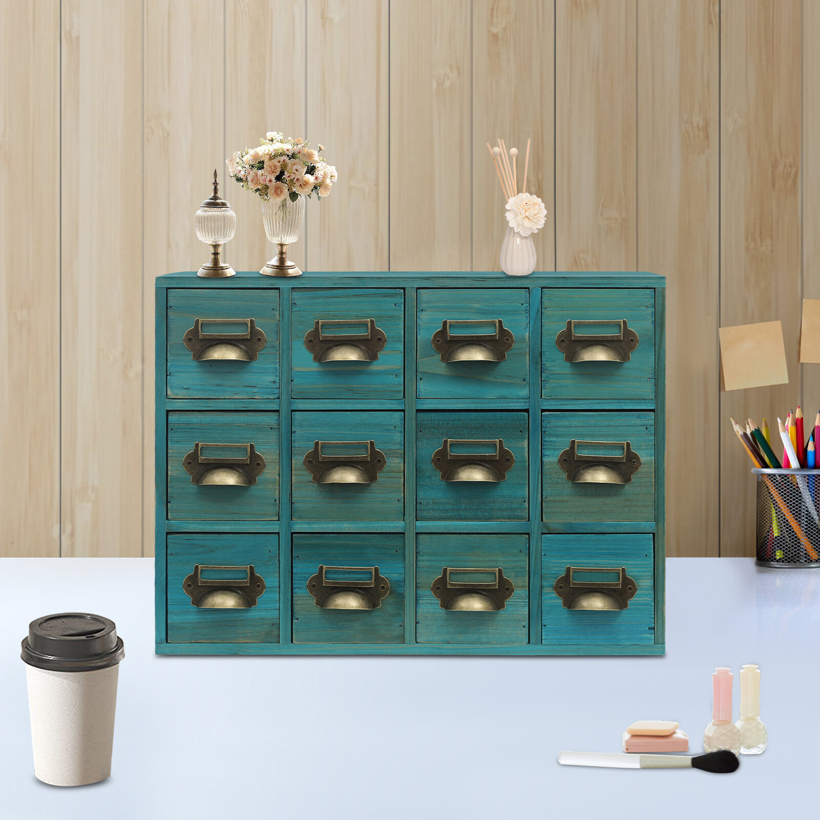 Blue 12Drawer Storage Cabinet Rectangular Desktop Drawer Organizer WoodenCabinet