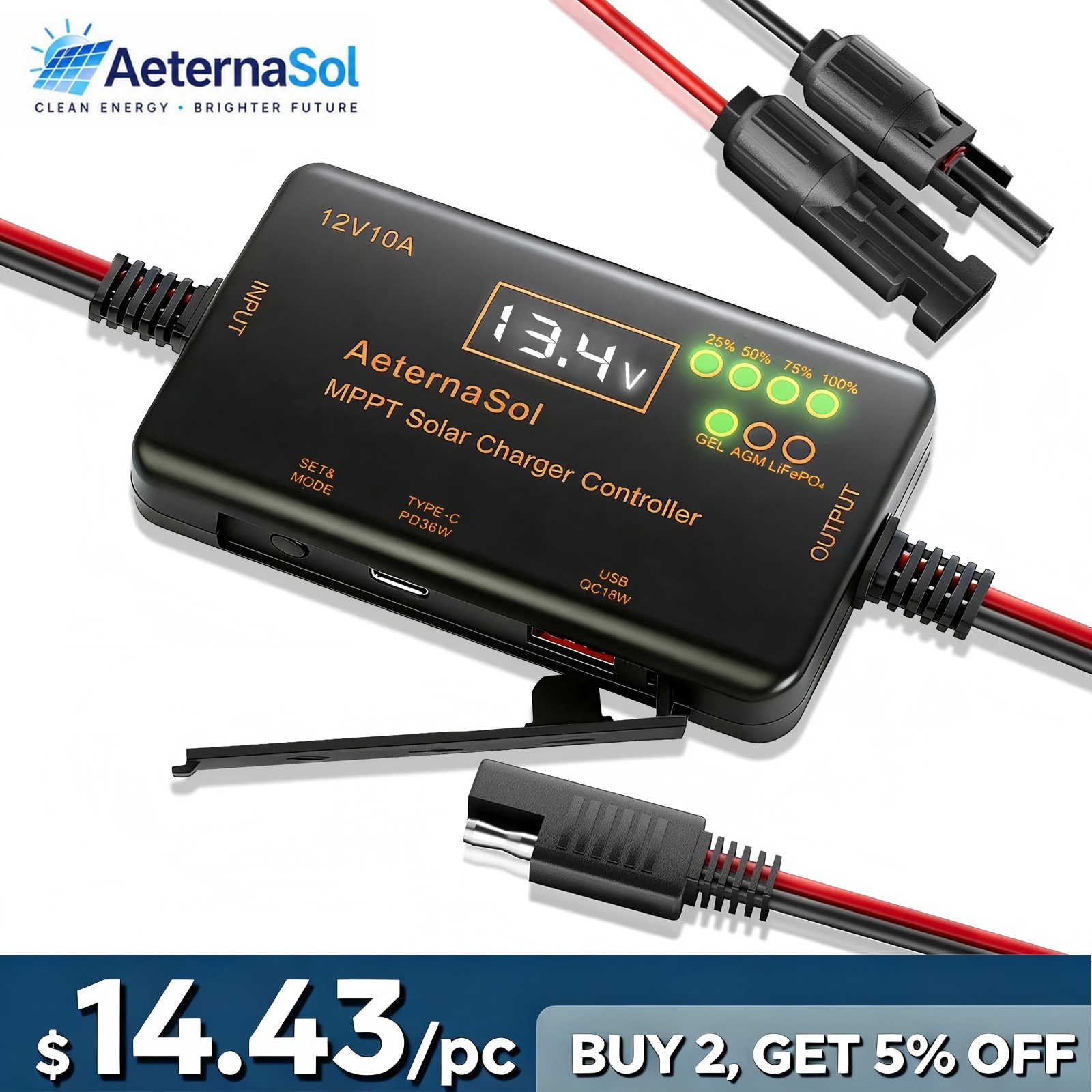 10A MPPT 12V Solar Charge Controller LCD for LiFePO4/AGM/Gel Battery