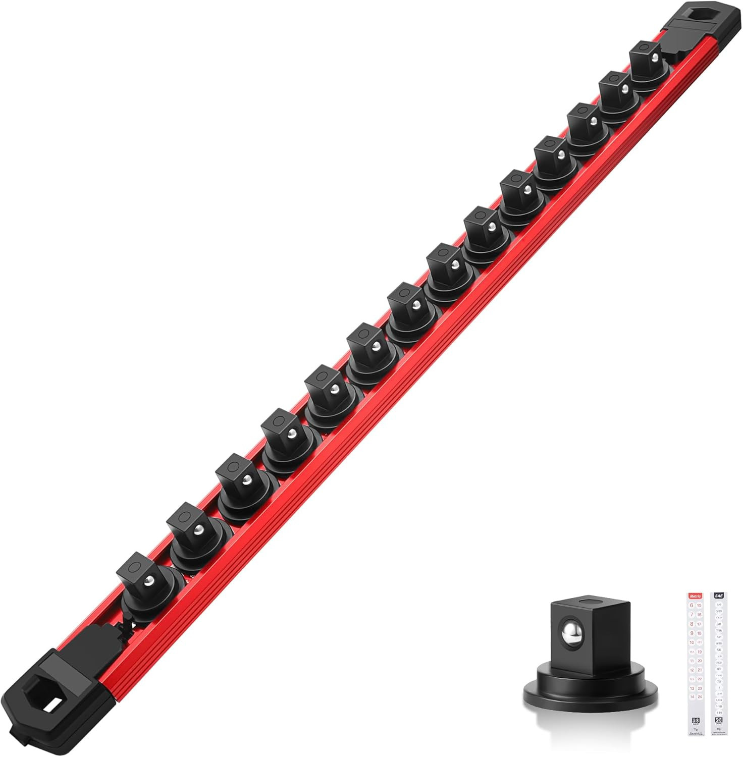 Magnetic Socket Organizer 3/8 Drive Aluminum Rail 14 Swivel Clips Red