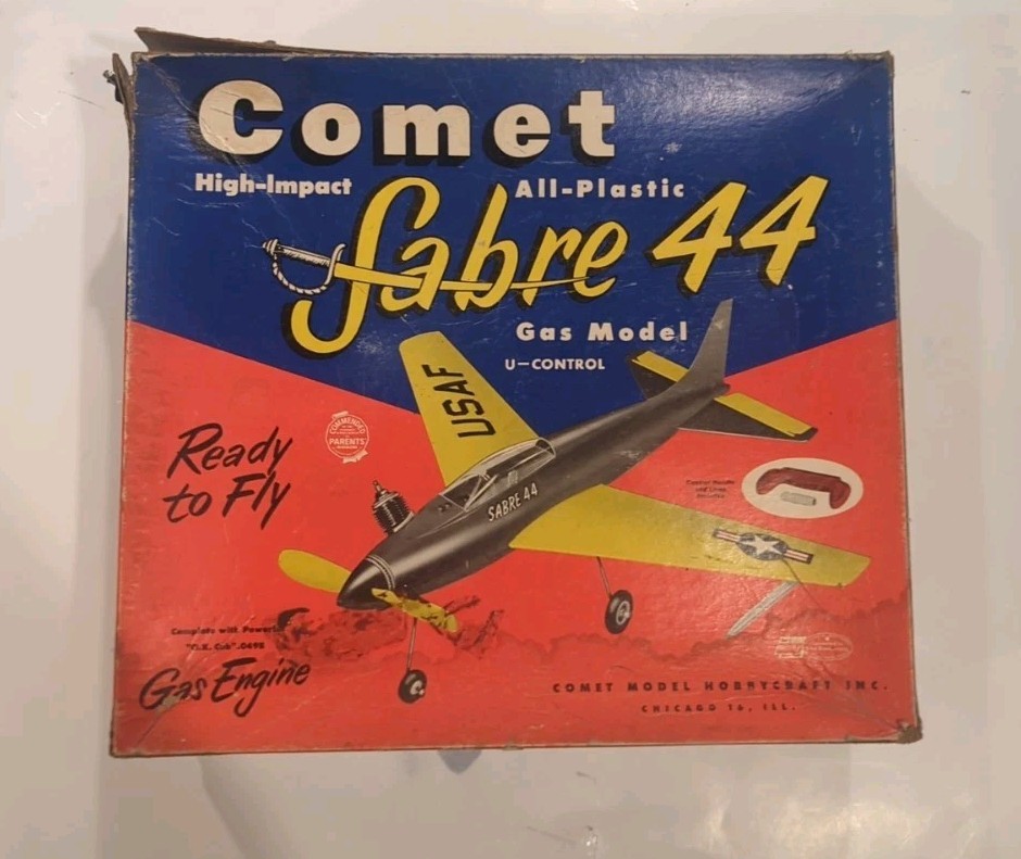 Vtg 1950s Comet Sabre 44 Plastic Gas Model Airplane U-Control Kit Boxed See Desc