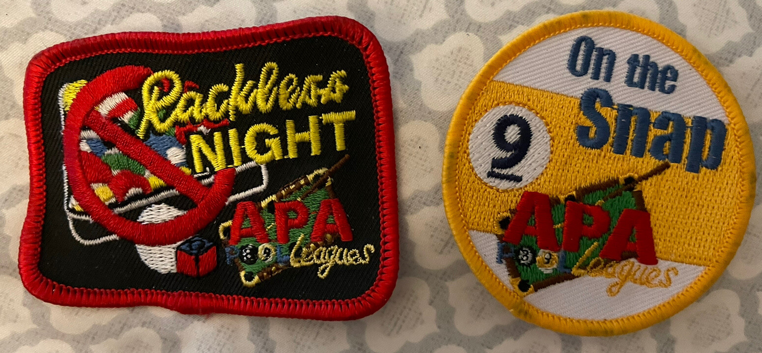 APA Billiards Leagues Rackless Night & On The Snap Lot Of 2 Pool Players Patches