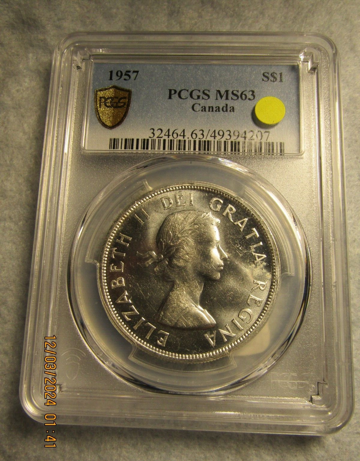1957  CANADA  SILVER  $1  DOLLAR...PCGS MS-63..GOLD  SHIELD
