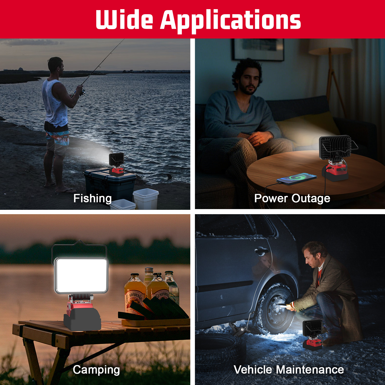 72W LED Work Light Compatible with Milwaukee 18V Battery 7200LM Flashlight USB