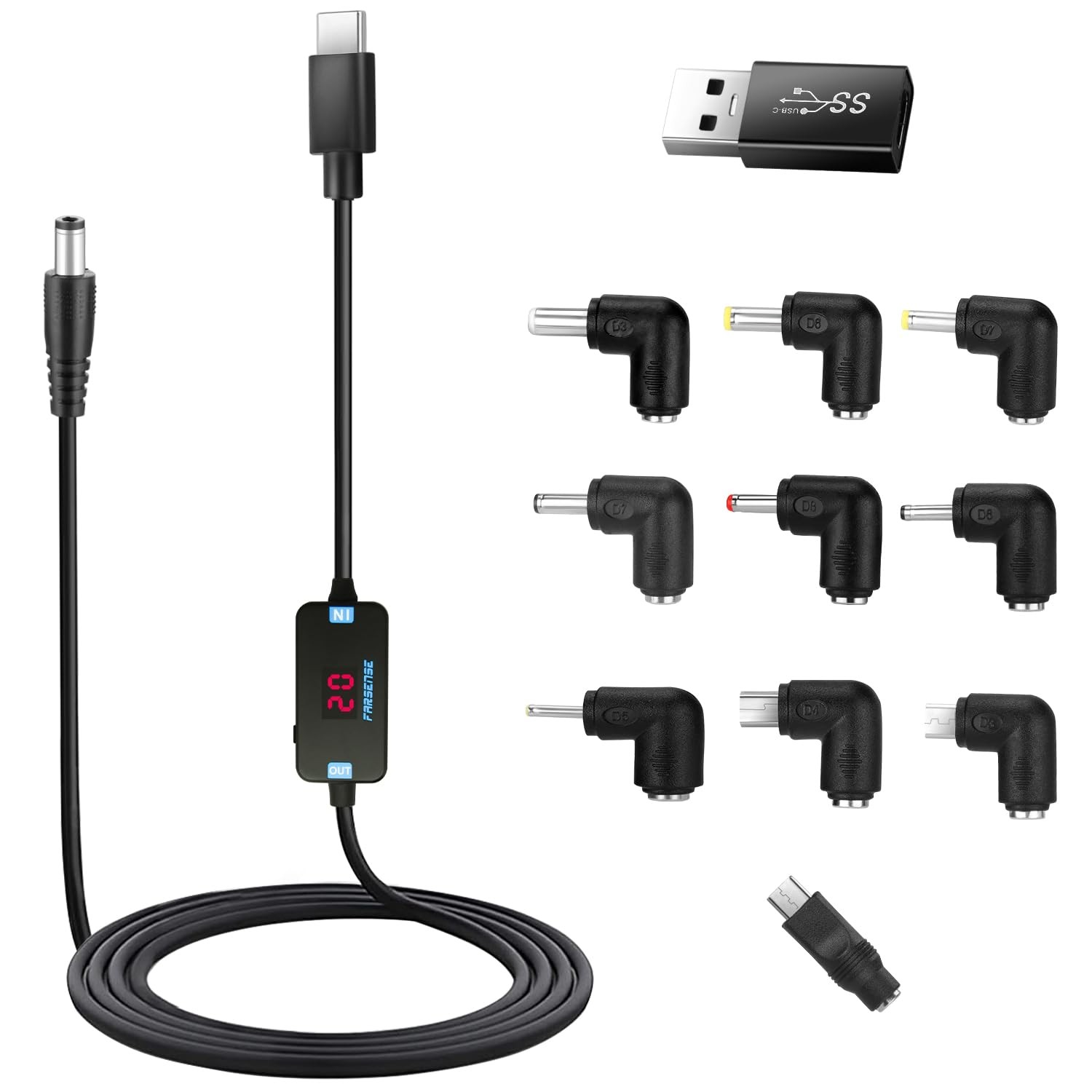 USB C to DC Adapter,Barrel PD Trigger Cable(3.3ft) with 10 Connector Tips,USB to