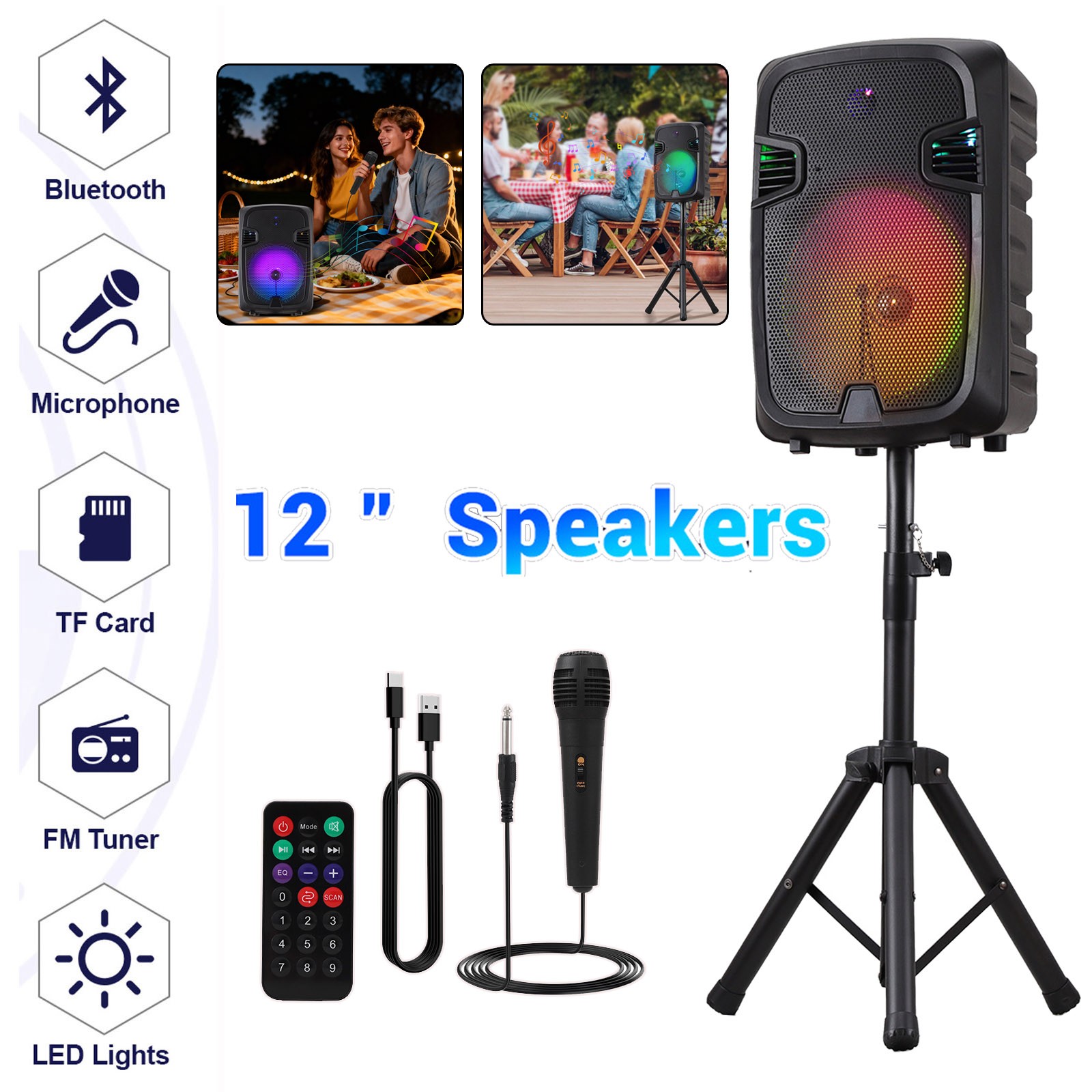 Portable Bluetooth 12" Speaker Heavy Bass Sound System USB/TF/TWS w/Mic & Stand