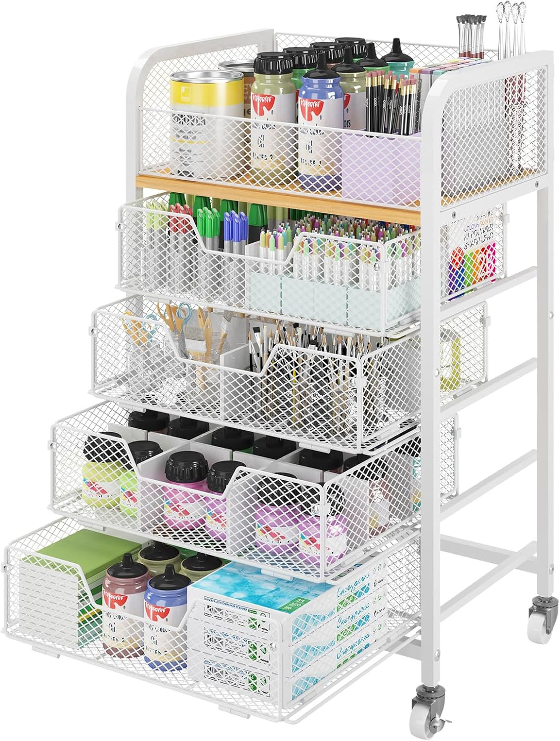5-Tier Rolling Craft Organizer Cart with Lockable Wheels and Drawers, White