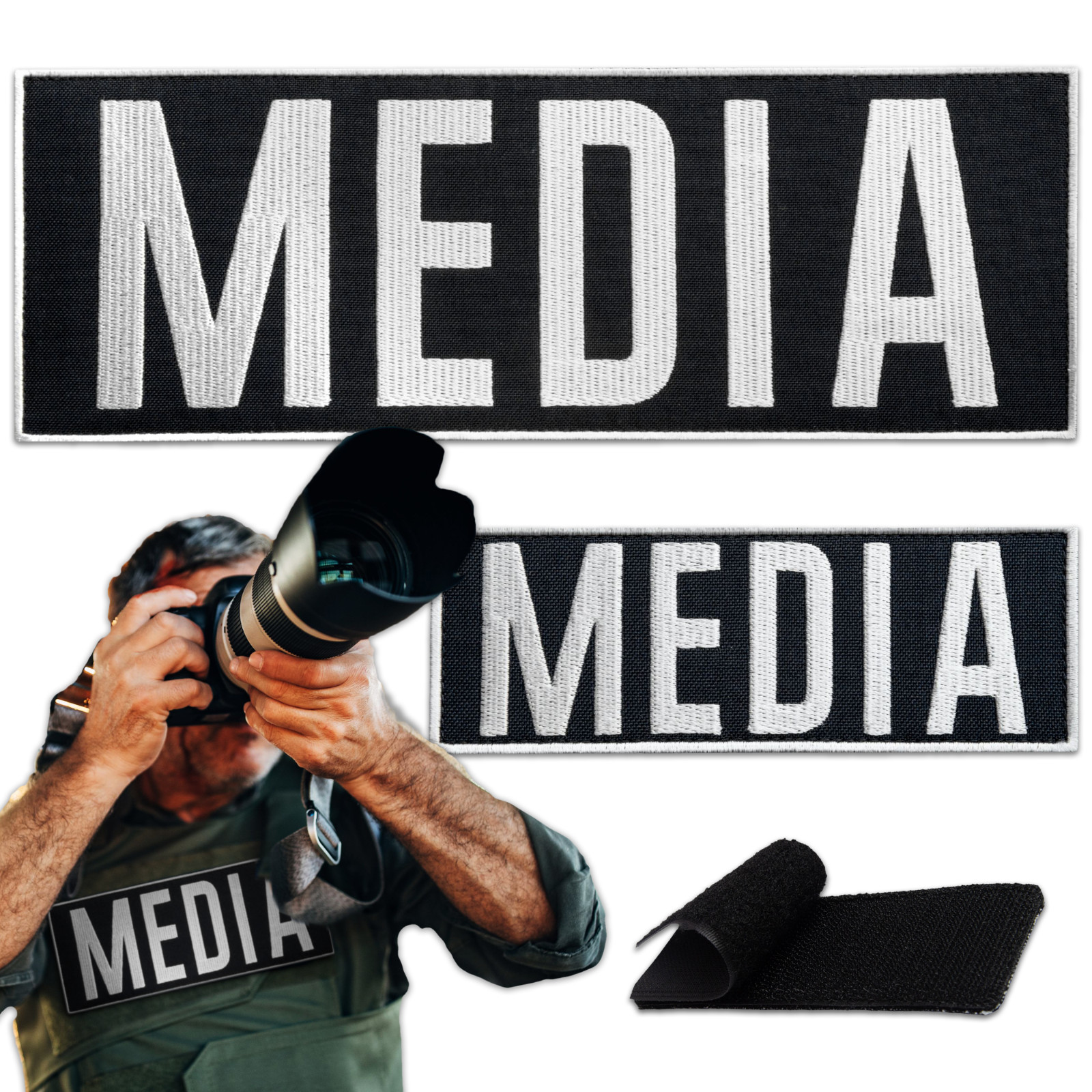 2-Piece Embroidered MEDIA Patch for Vest, Jacket, Hat, Hook & Loop, Black