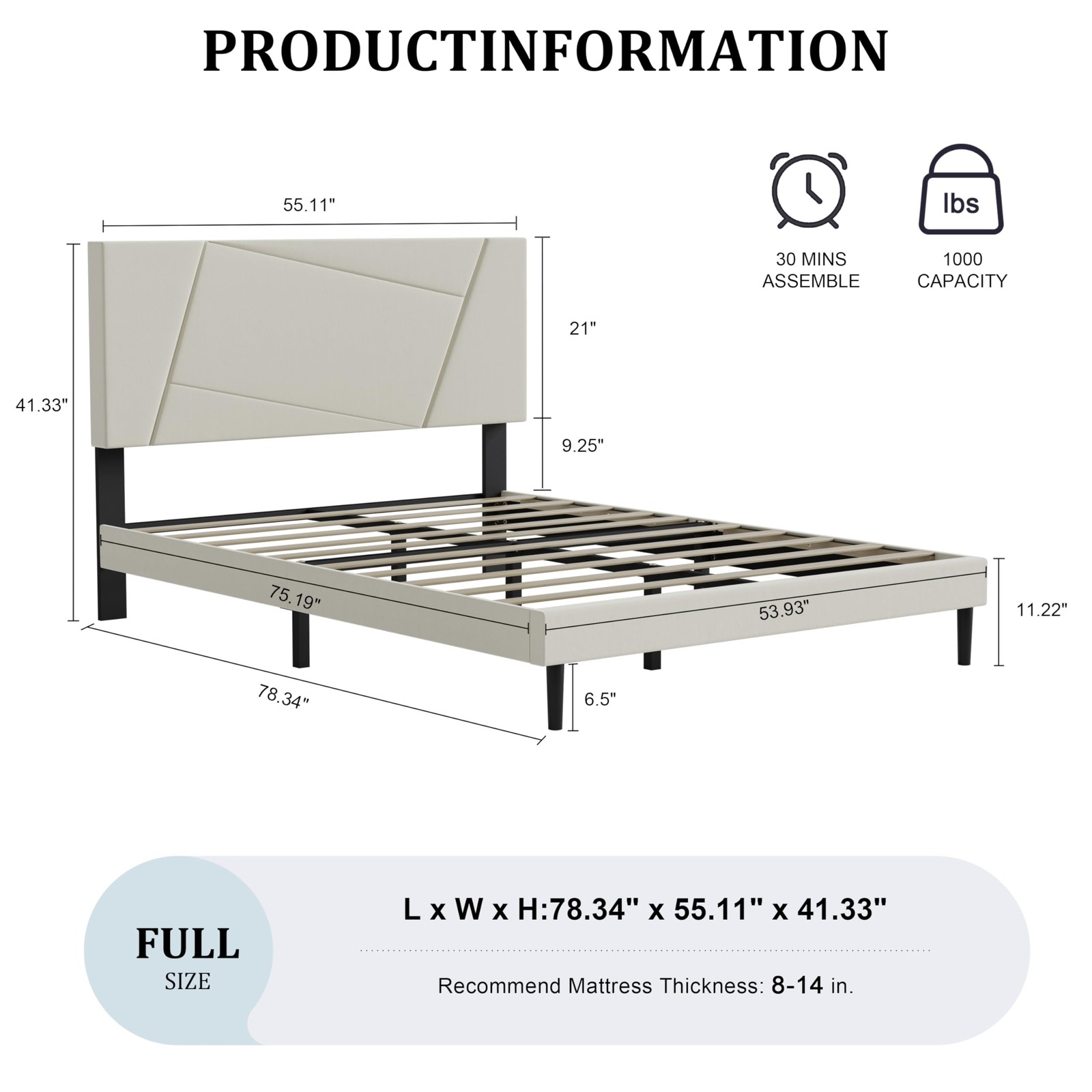 Full Size Bed Frame Platform with Velvet Upholstered Headboard, Geometric, St...