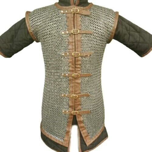 Flat Riveted Chainmail with Leather Trim Sleeveless Shirt Mild Steel 9 mm