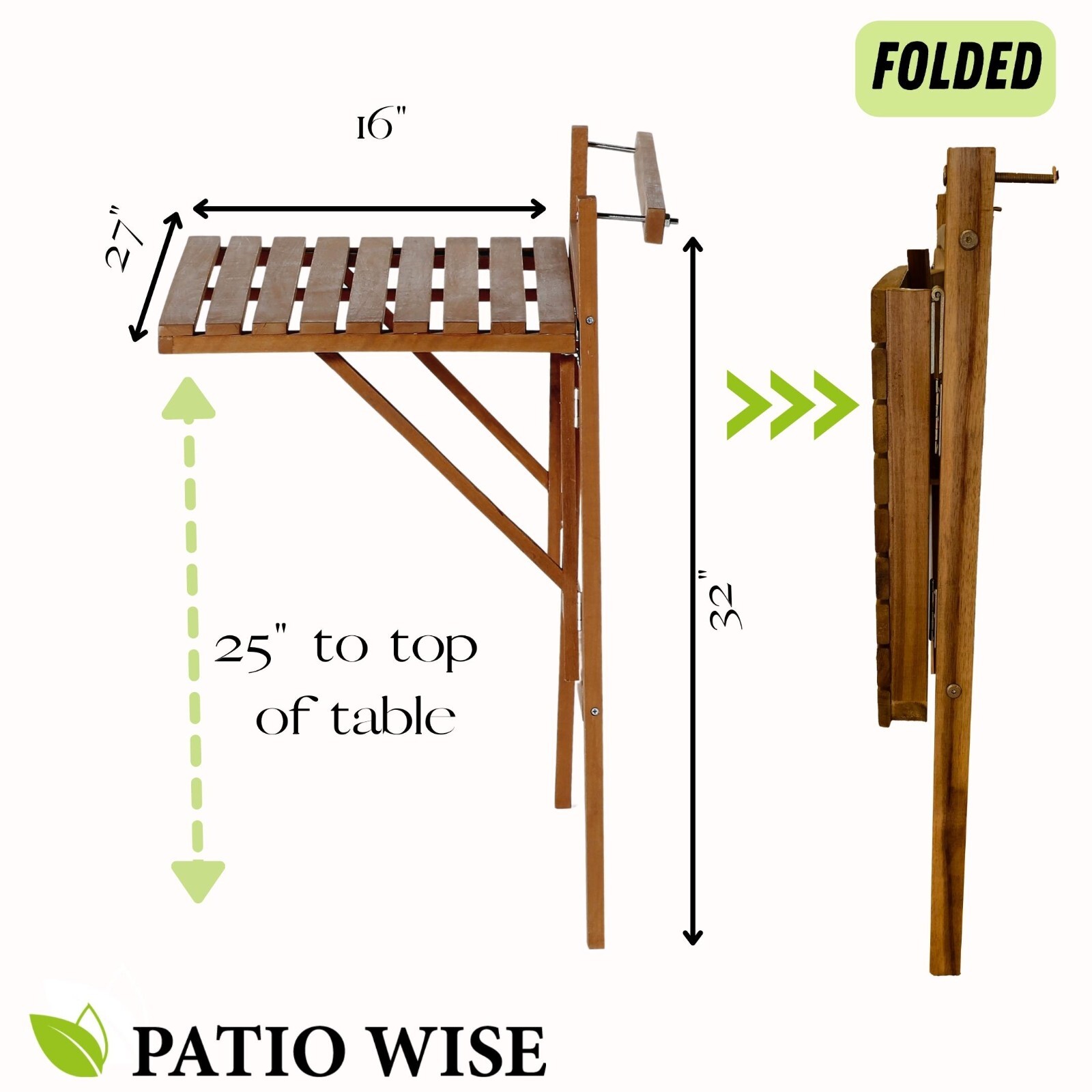 Patio Wise Outdoor Folding Acacia Wood Balcony Railing Table, Foldable Deck Bar