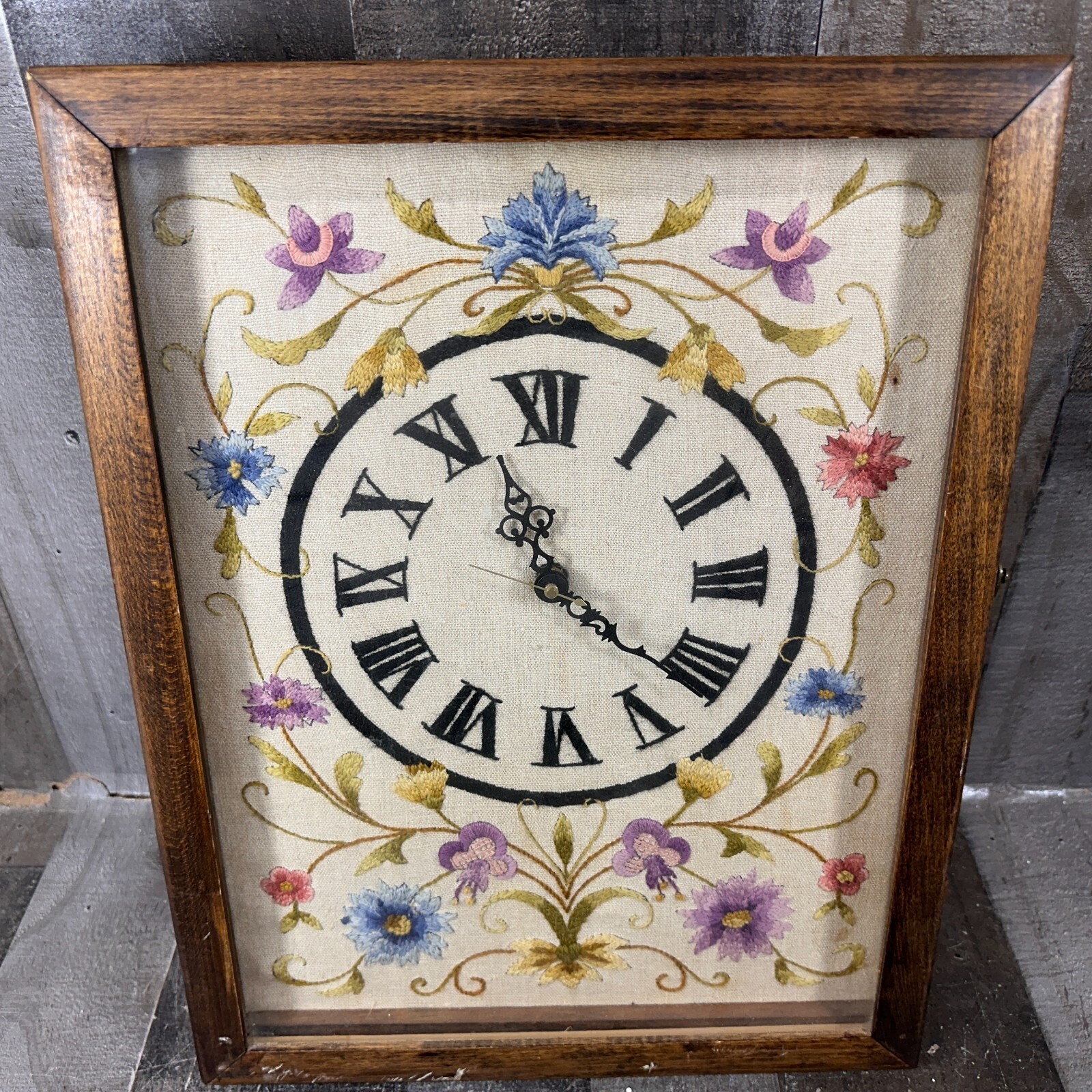 VTG Cabinet Clock Embroidered Cross Stitch Oak Wood Case Glass Door Floral