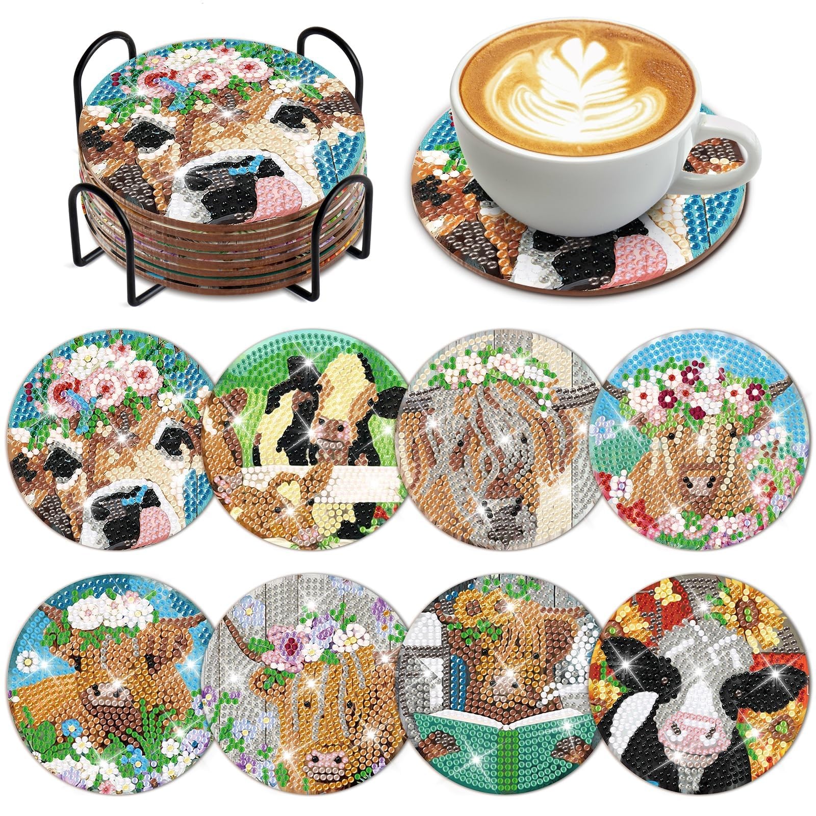 Cumule 8 PCS Cow Diamond Art Coaster with Holder DIY