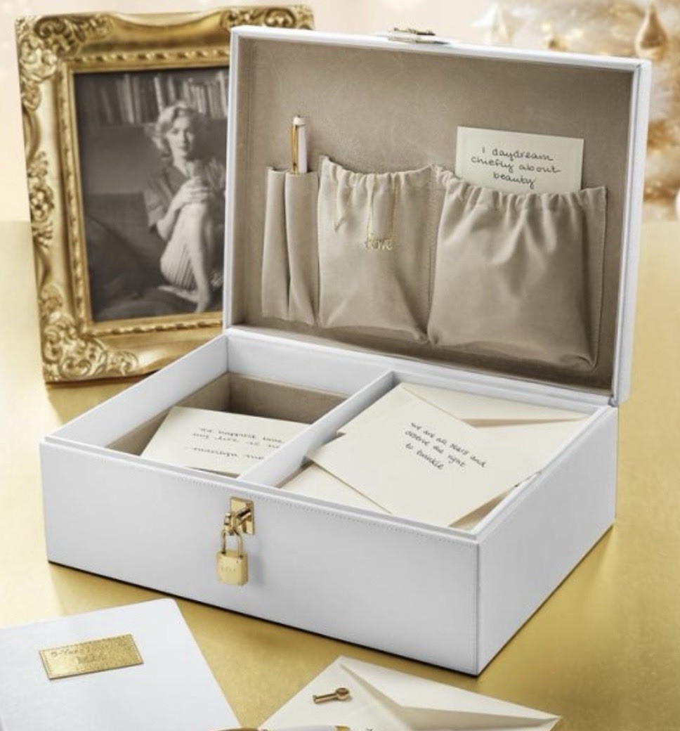 New In box Levenger White Leather Marilyn Monroe Dream Keeper Keepsake Box Lock