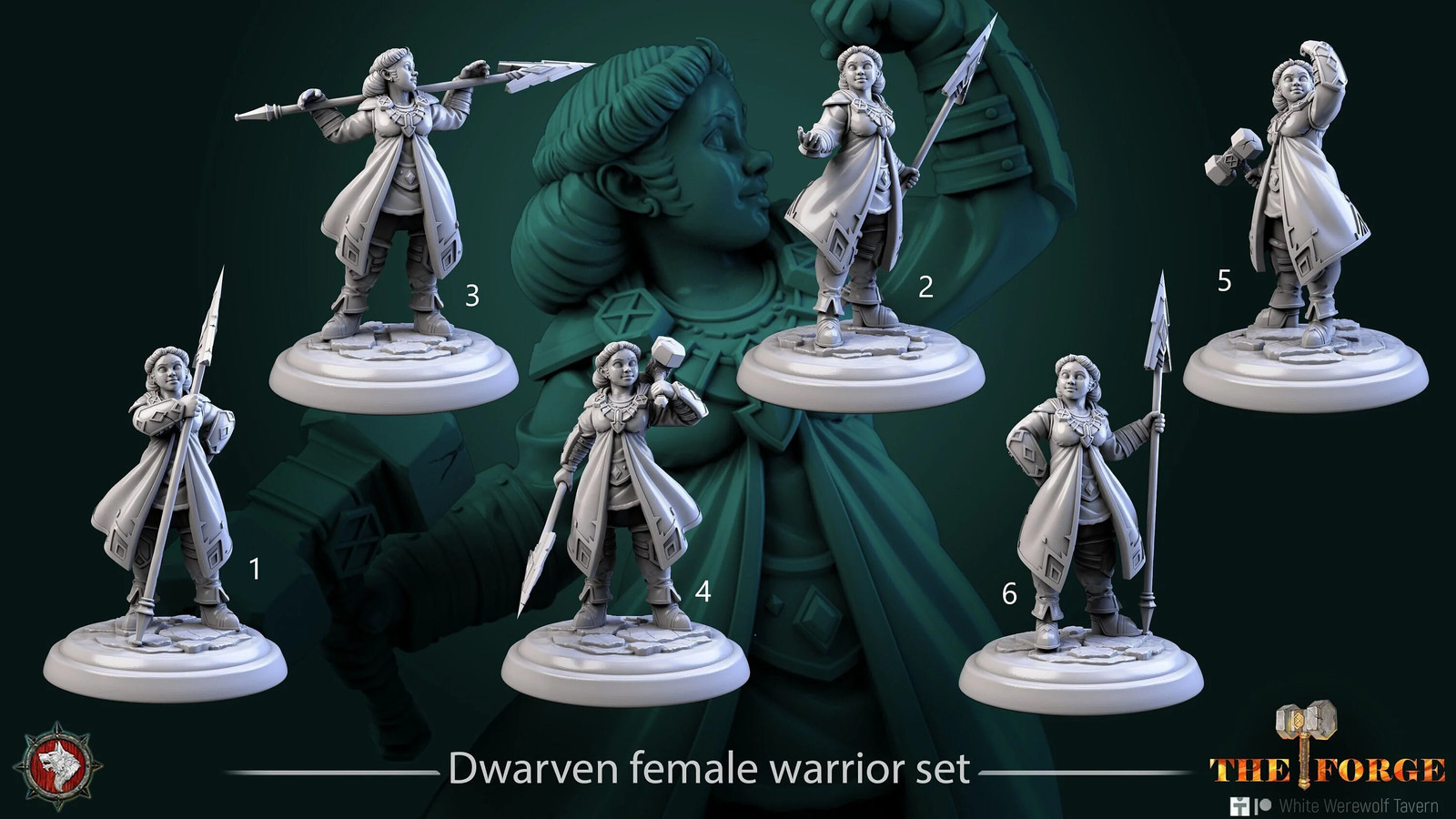 Dwarven Female Warrior Set (Set of 6) - 28mm Heroic - Resin Tabletop Miniatures