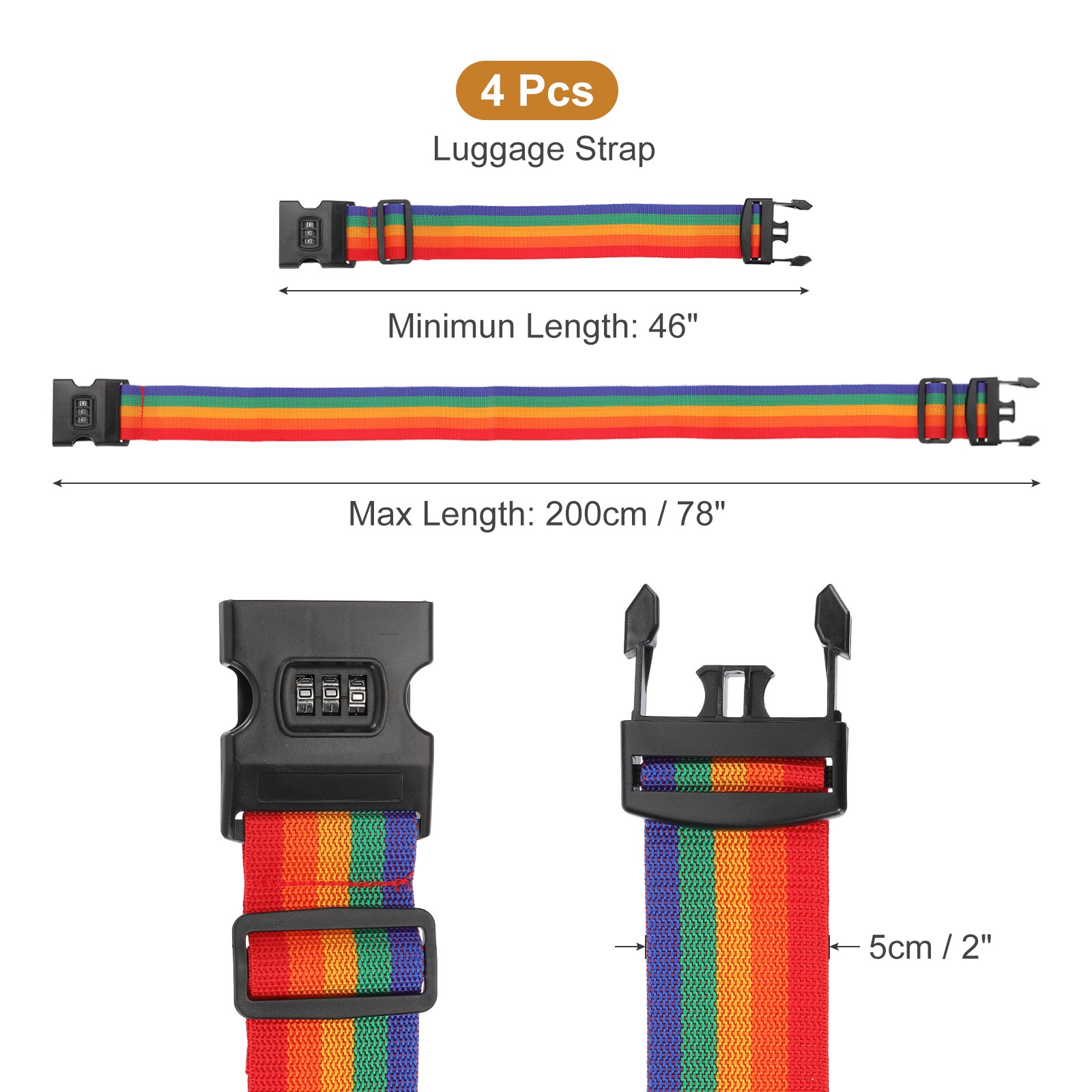 4pcs Luggage Straps with Combination Lock Adjustable Suitcase Belt, Rainbow