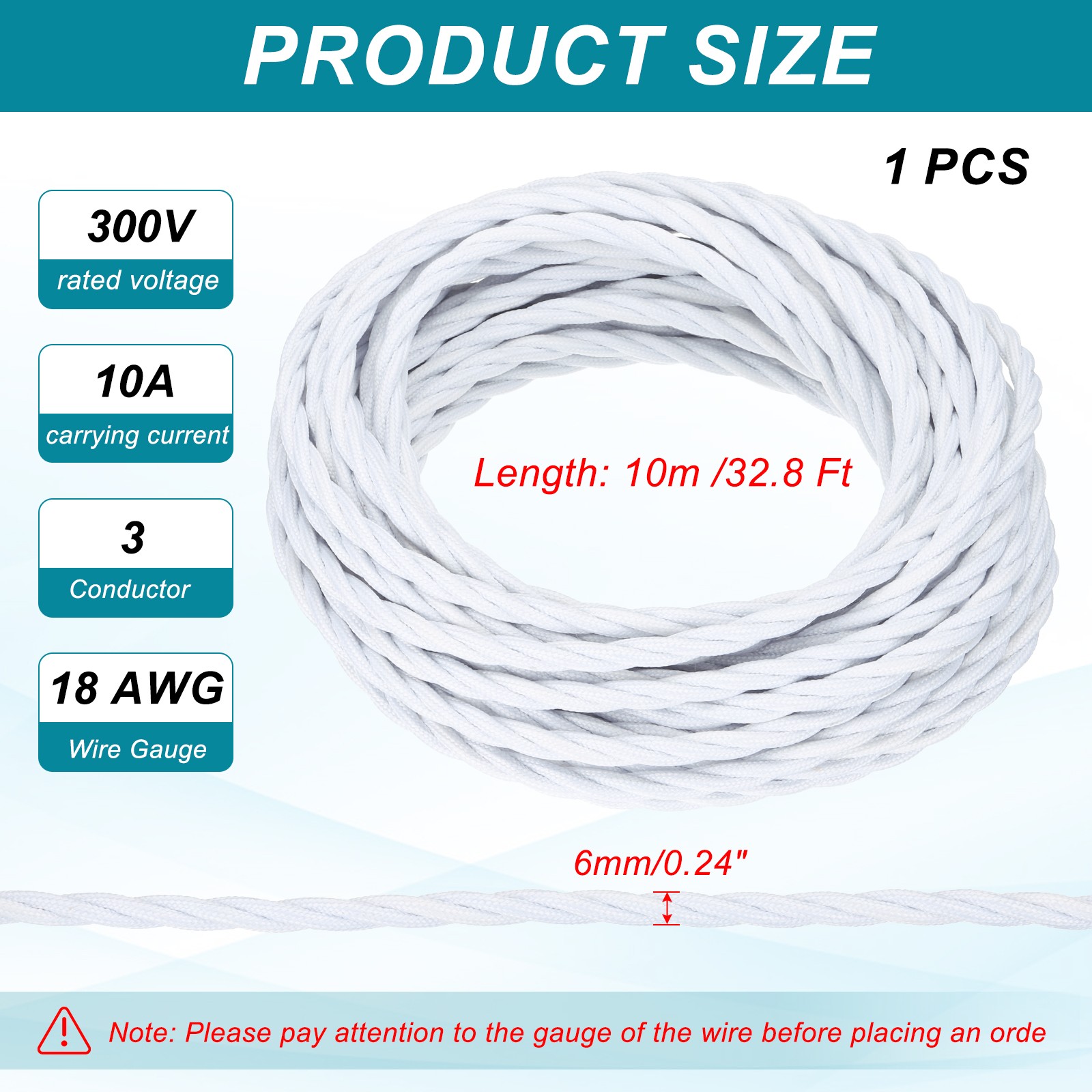 32.8Ft 18/3 Twisted Cloth Covered Wire White