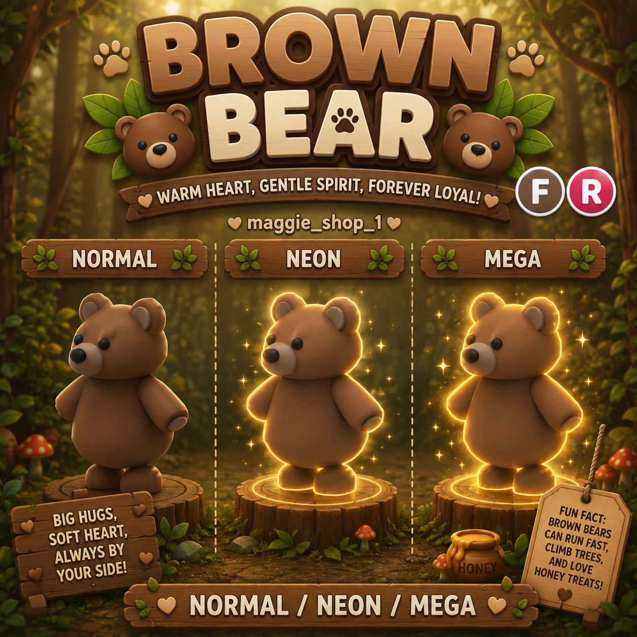 Brown Bear FR Normal/Neon /Mega ✨ Adopt From Me Today ✨ Top Picks