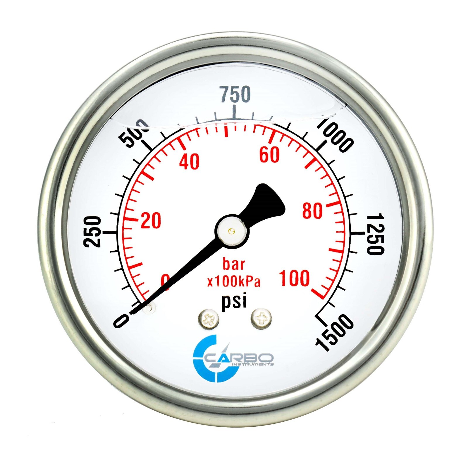 2" Pressure Gauge, Stainless Steel Case, Liquid Filled, Back Mnt, 1500 Psi