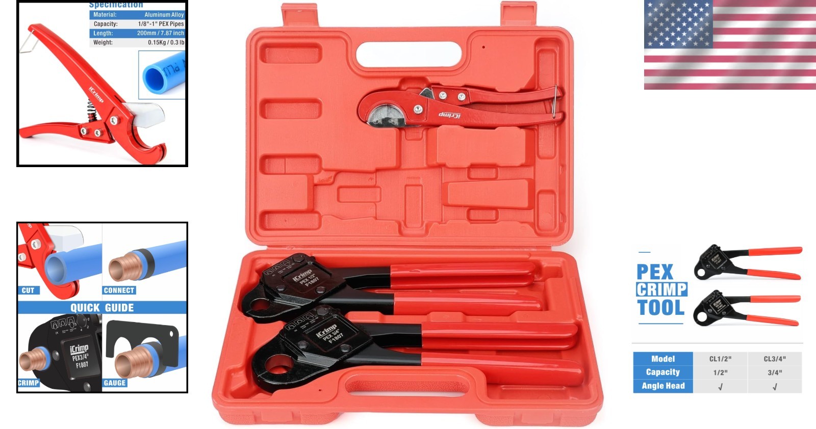 Durable PEX Crimping Tool 1/2" 3/4" Angle Head Gauge Cutter