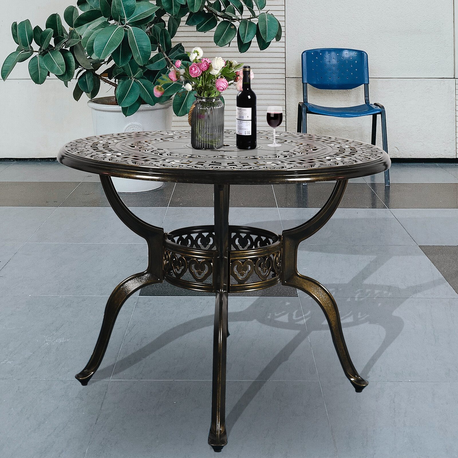 38.5" Outdoor Bistro Dining Table Cast Aluminum Patio Table w/ Umbrella Hole