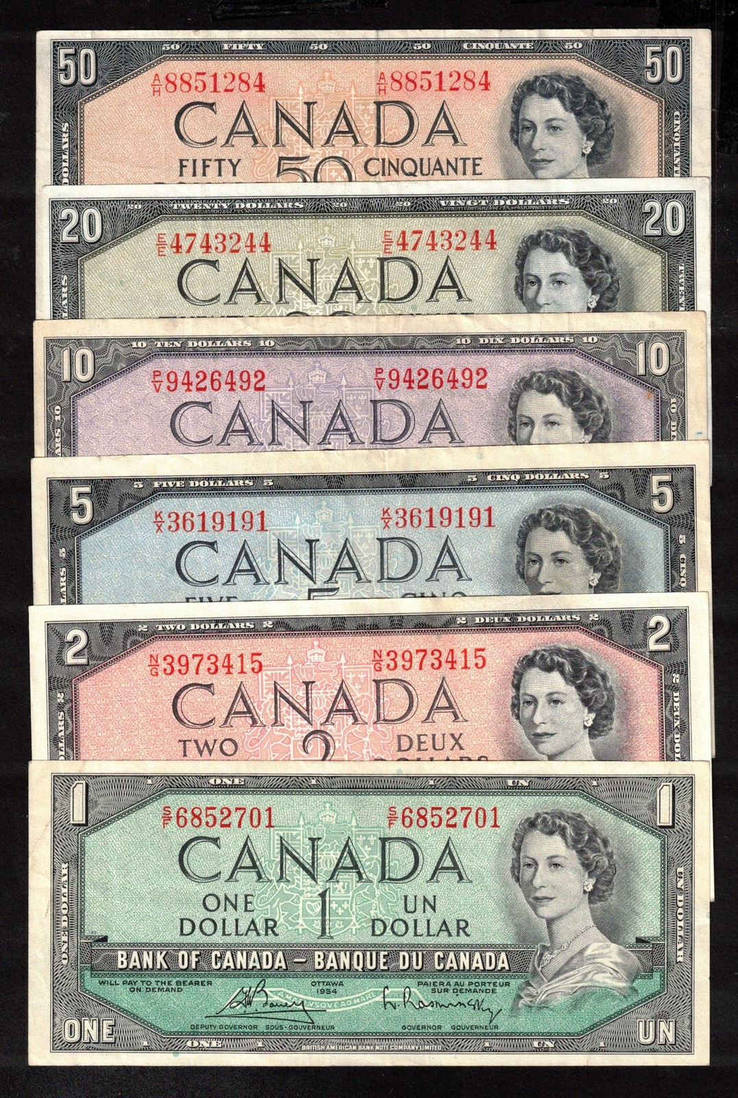 1954 Canada 6-note set $1 to $50 Beattie Coyne Lawson Bouey Rasminsky VF+